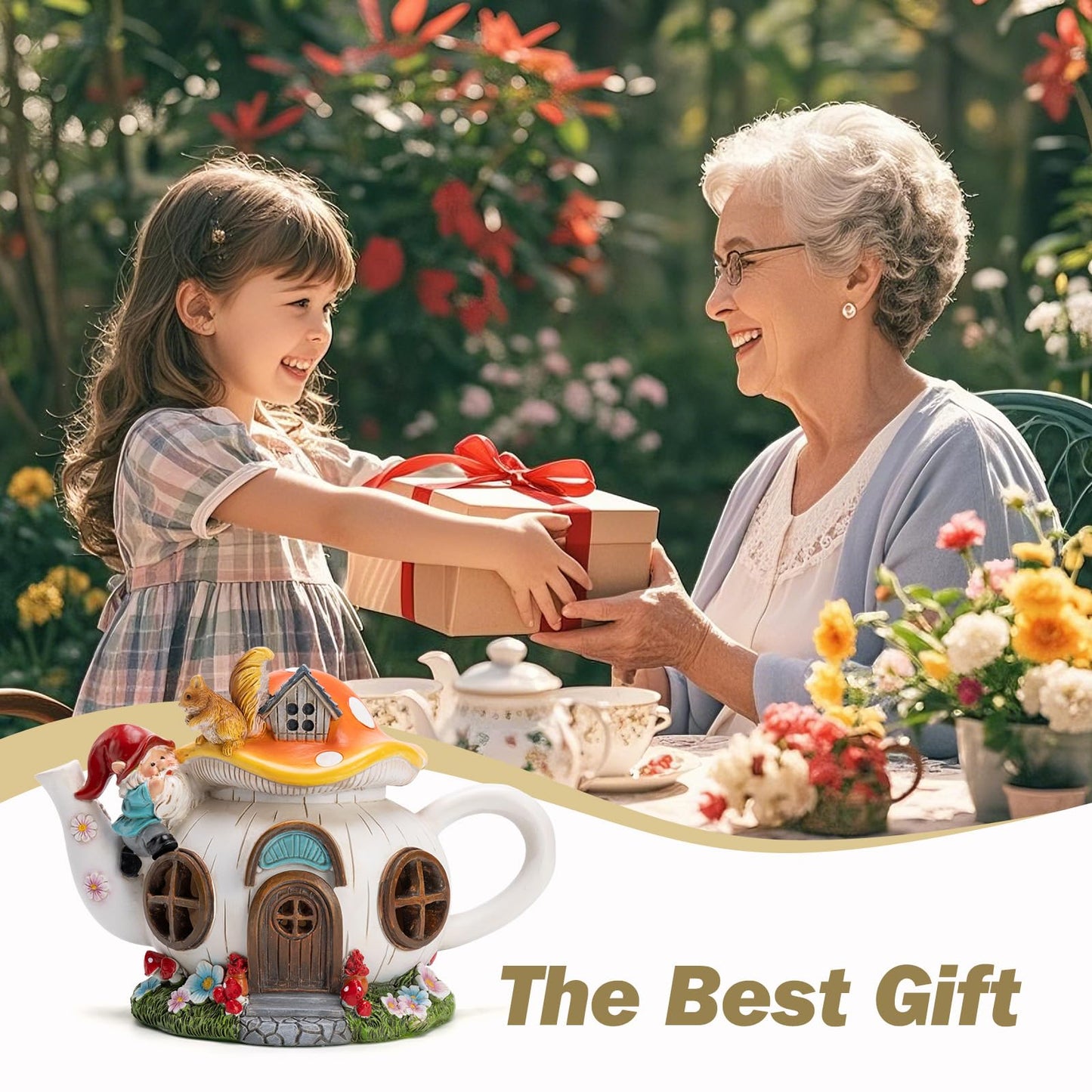 twinbling Solar Fairy House Garden Outdoor Statue with Gnome and Squirrel Figurine, Fairy Garden Accessories for Patio, Lawn, Yard & Balcony, Gifts for Mom Grandma