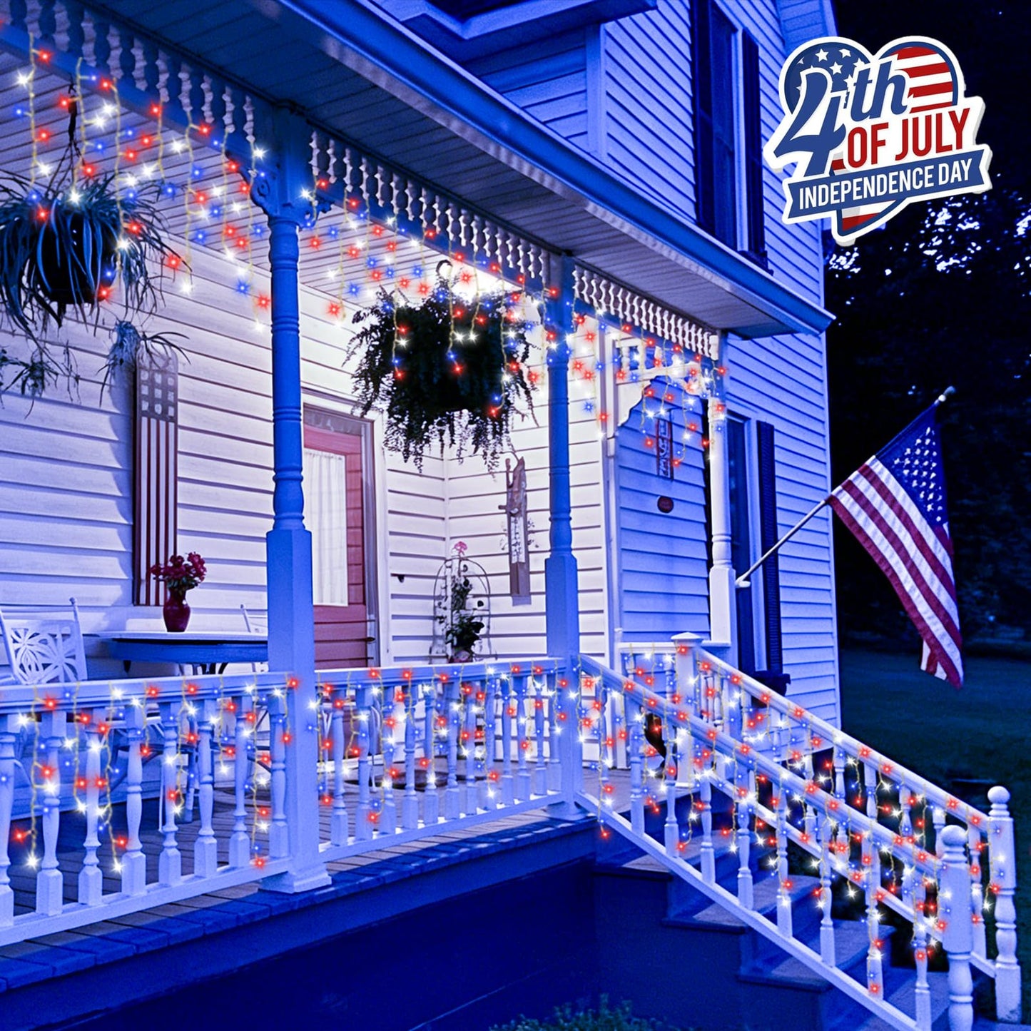 QITONG Red White and Blue Icicle Lights for Outside, 33ft 400 LED 4th of July Icicle Lights with 8 Modes, Clear Wire Connectable String Lights Plug in for Patriotic Independence Memorial Day Decor
