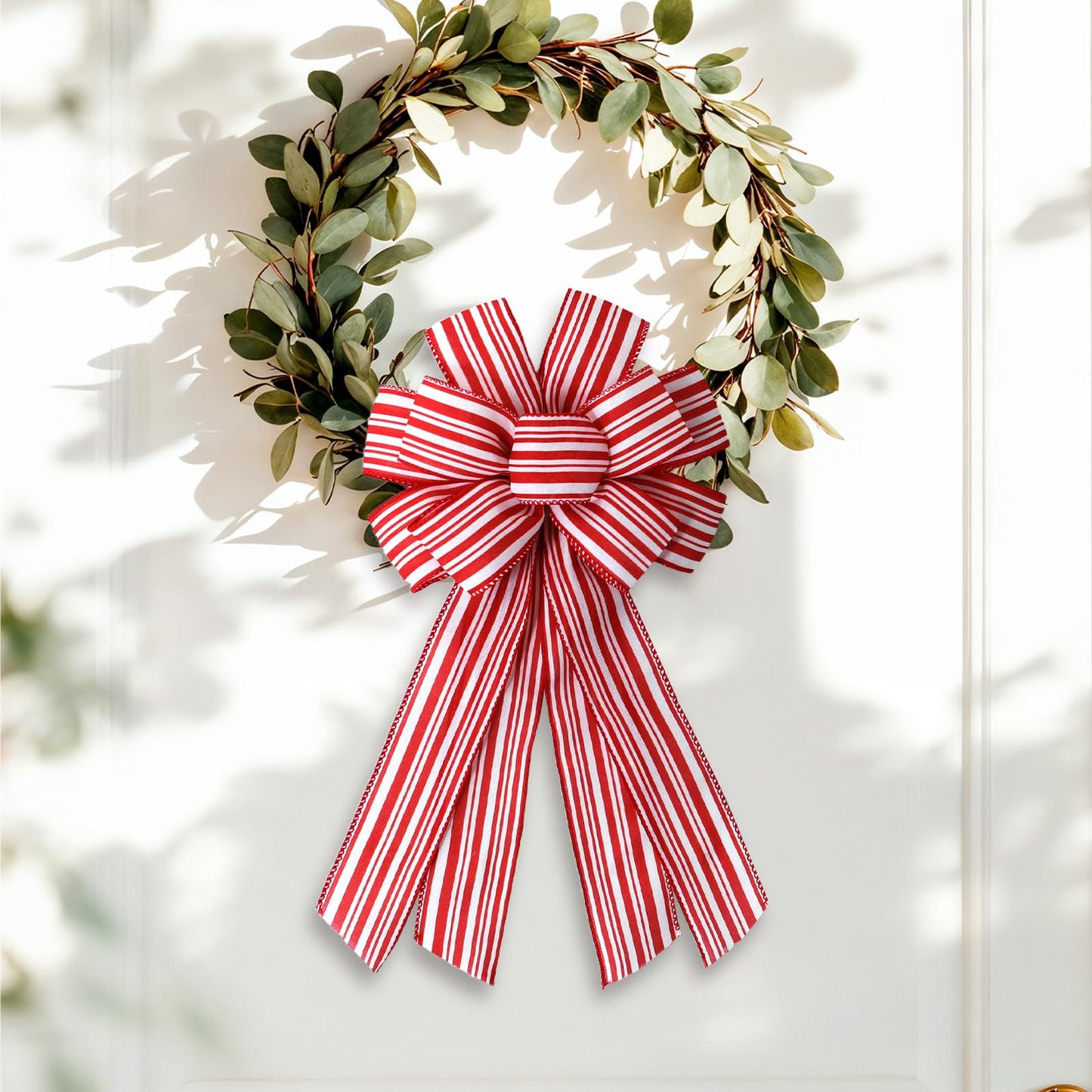 chmacura Fall Red White Stripes Wreath Bows for Front Door, Christmas Burlap Bow Holiday Baby Shower Bows for Wreath Accessories Home Thanksgiving Decorations