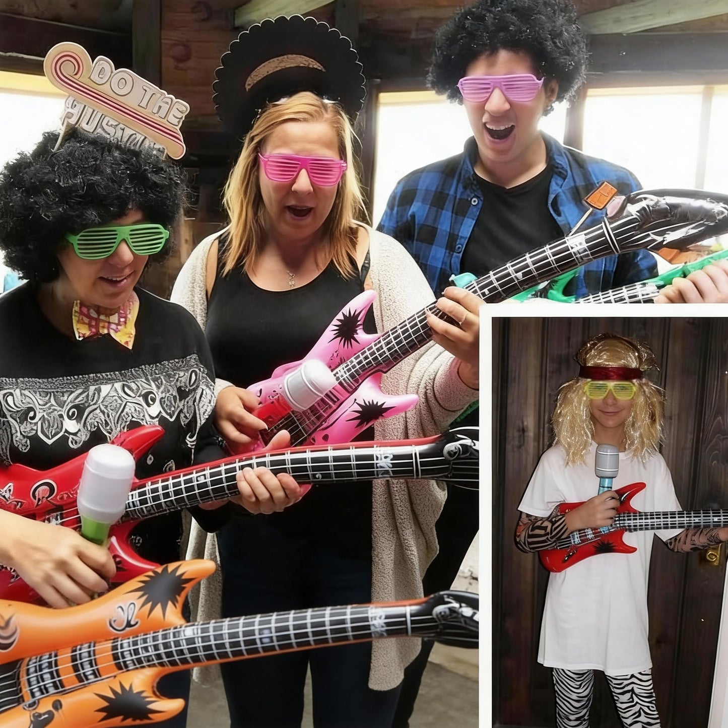 OuMuaMua Inflatable Rock Star Toy Set, 18 Pack Inflatable Party Props - 4 Inflatable Guitar, 6 Microphones, 6 Shutter Shading Glasses, 1 Saxophone and 1 Inflatable Keyboard Piano Inflatable Rock Toys