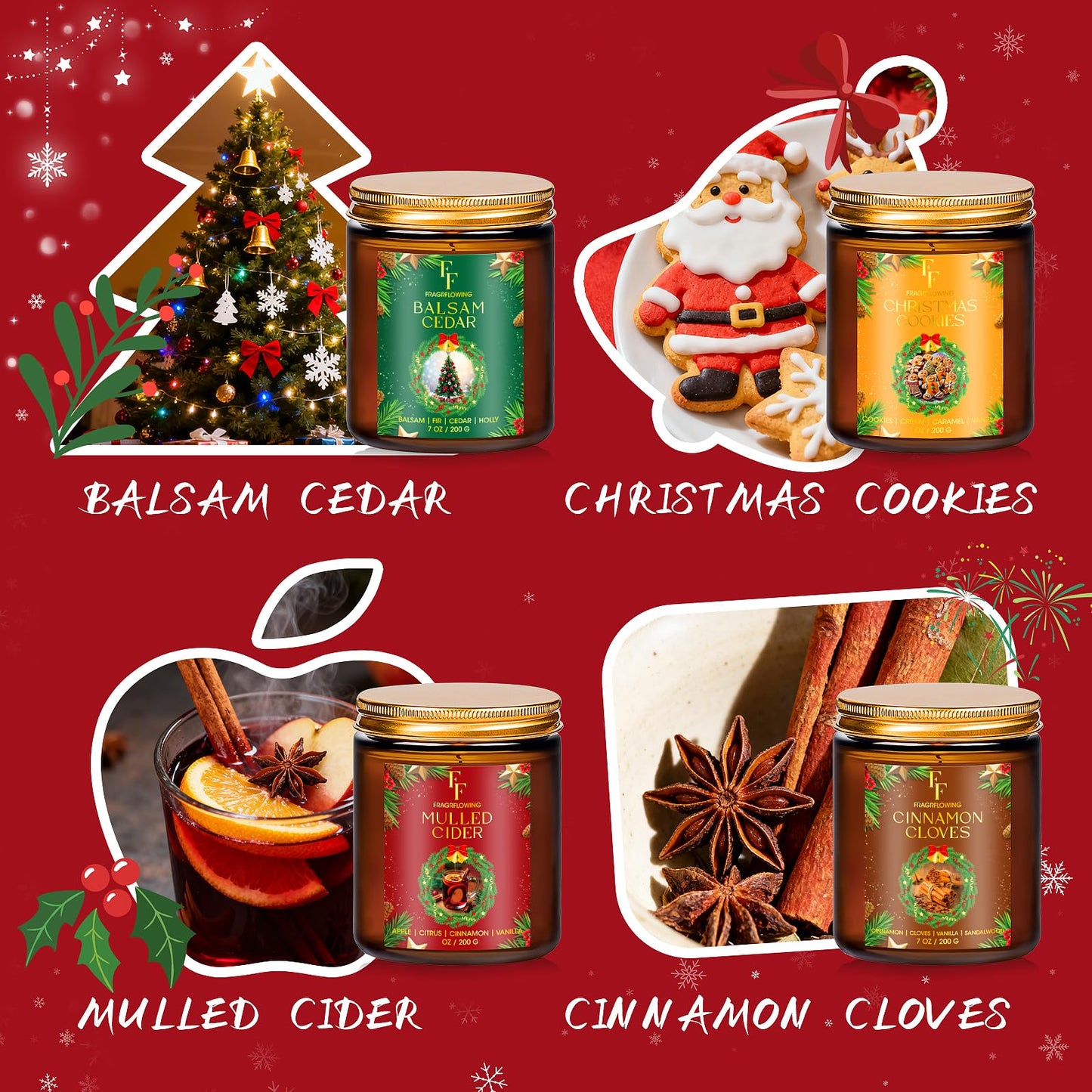 Christmas Candles Set, Scented Candles for Home, 4 Pack Holiday Natural Soy Candles, Christmas Gifts for Women Men, Festival Fragrance of Balsam Cedar/Cookies/Mulled Cider/Cinnamon
