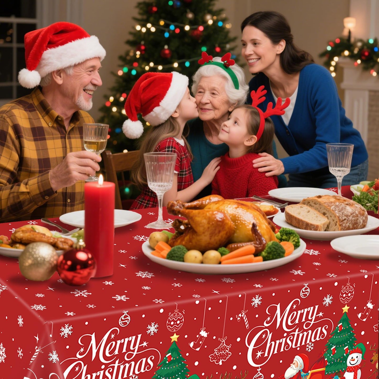 MEIDUO Christmas Tablecloth, 3 Pack 54" X 108" Red Christmas Disposable Plastic Table Covers, Rectangular Table Decor, Xmas Tree Snowman Snowflakes Designs for Winter Party Decorations