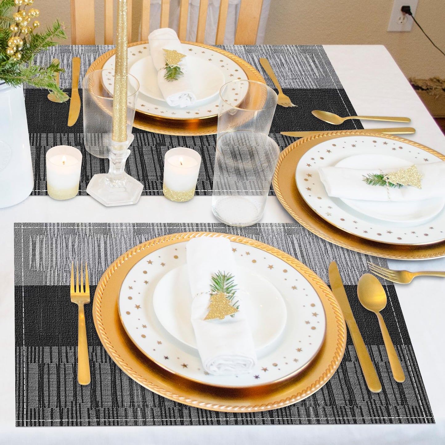 Niviy Black Placemats Set of 4, 12x18 Inch Washable Easy to Clean Heat-Resistant Anti-Skid Indoor Outdoor Table Mats for Holiday Party Kitchen Dining Room Decoration
