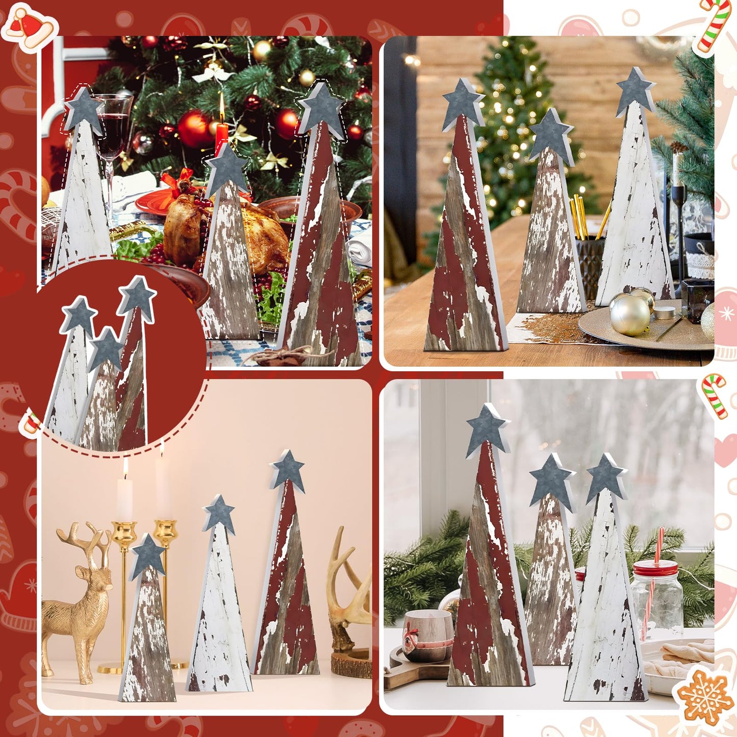 Soaoo 3 Pcs Rustic Christmas Tree Wooden Table Decorations Farmhouse Small Christmas in July Tabletop Centerpieces with Standing Top Star for Home Shelf Mantel Fireplace Table Party Decor