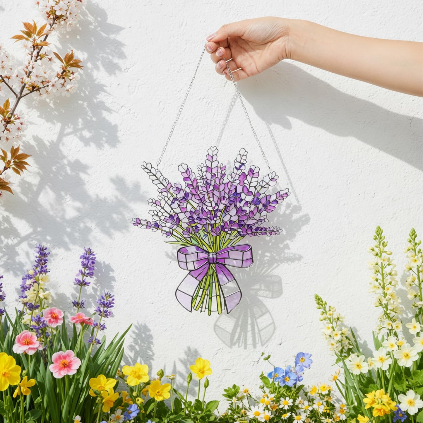 Lavender Flower Stained Glass Window Hanging Suncatchers Purple Lavender Ornament Indoor Wall Art Decor Floral Botanical Wall Hanging Decorations Gifts for Mom's Day