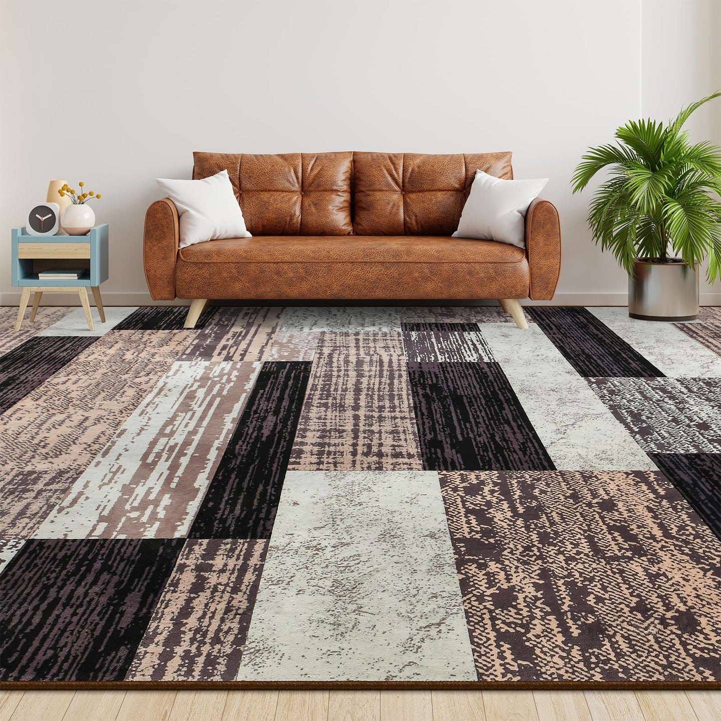 Large Area Rugs,Modern Geometric Patchwork Floor Decor for Bedroom Aesthetic Carpet, Rockwood Collection, Indoor Rugs for Living Room Dining Room Nursery Office Machine Washable Rug, 5x8 Ft Chocolate