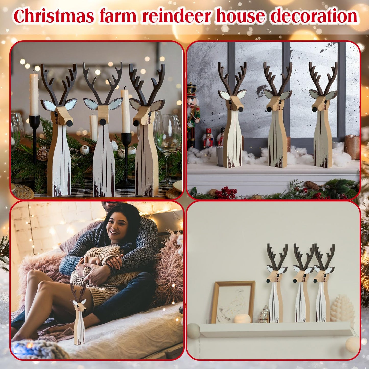 Syhood 3 Pcs Wooden Reindeer Figurines Reindeer Table Signs Deer Tiered Tray Decor Rustic Farmhouse Deer Tabletop Centerpiece for Winter Home Office Mantel Fireplace Shelf Desk Party Decorations