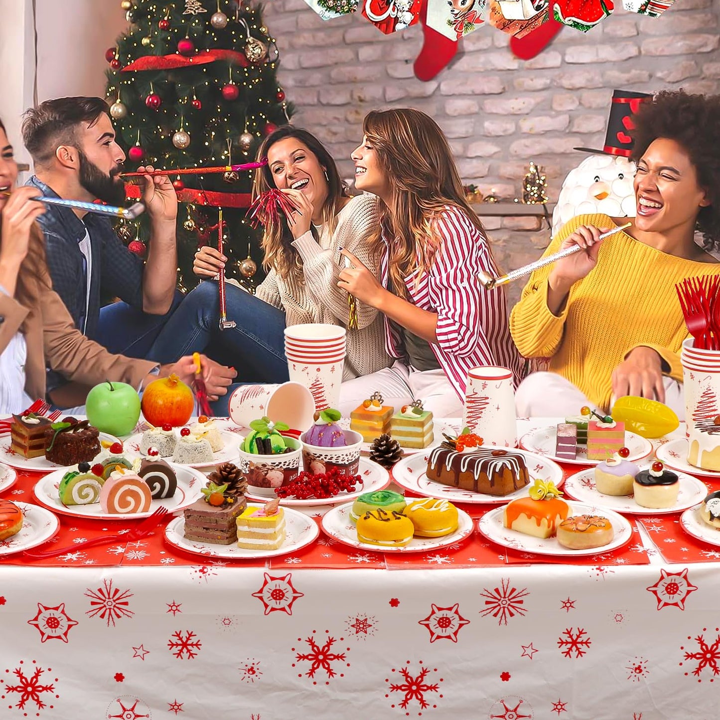 Atonofun Christmas Party Supplies, Merry Christmas Plates and Napkins, Christmas Disposable Plates, 12oz Cups, Napkins and Forks for Birthday, Baby Shower, Xmas, Christmas Themed Parties Serves 24