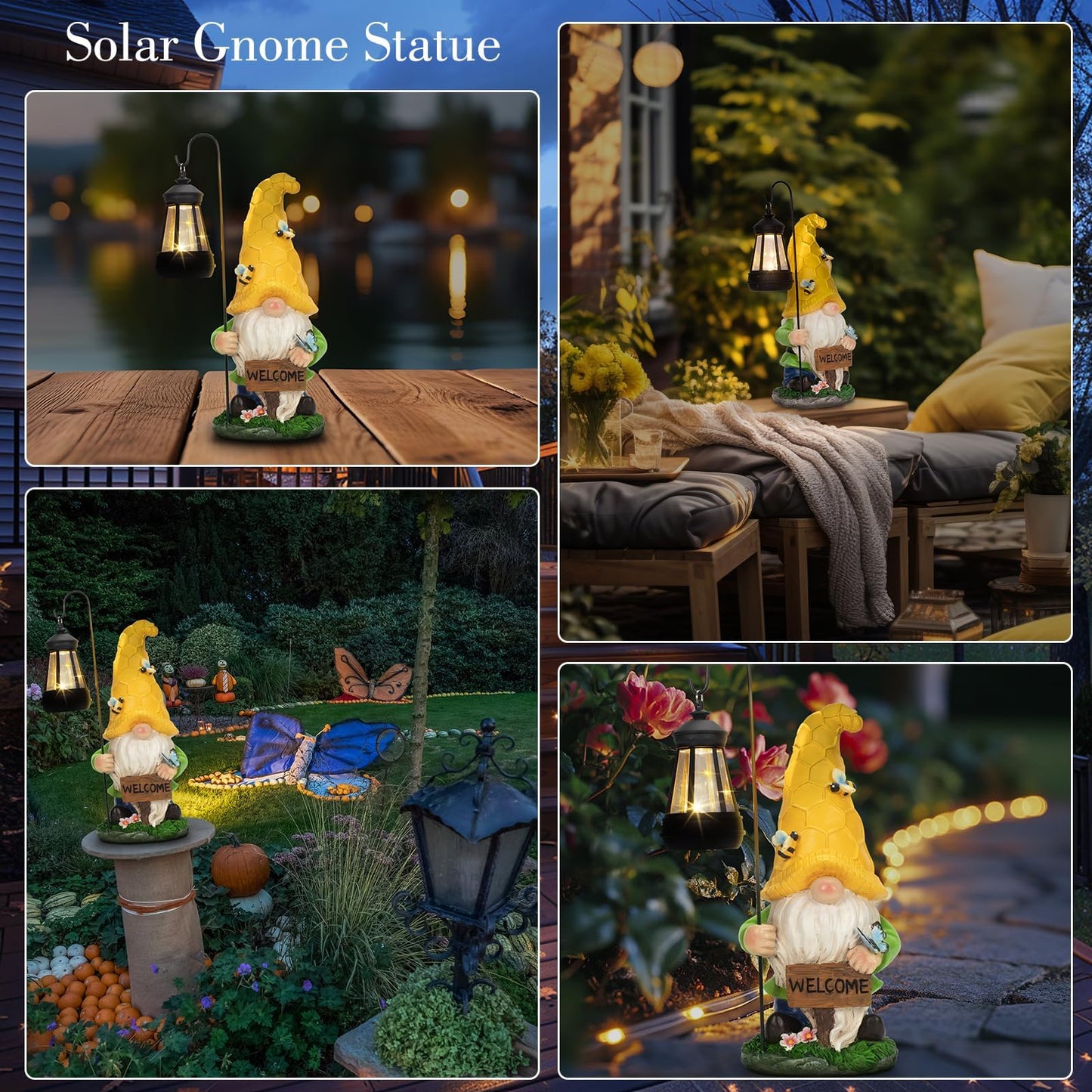 DoYouzhuo8 Solar Garden Gnome Statue with Lantern - Hand-Painted Resin Gnome Decor, IP44 Waterproof Outdoor Figurine for Yard Patio Porch, for Mom Women Housewarming Christmas