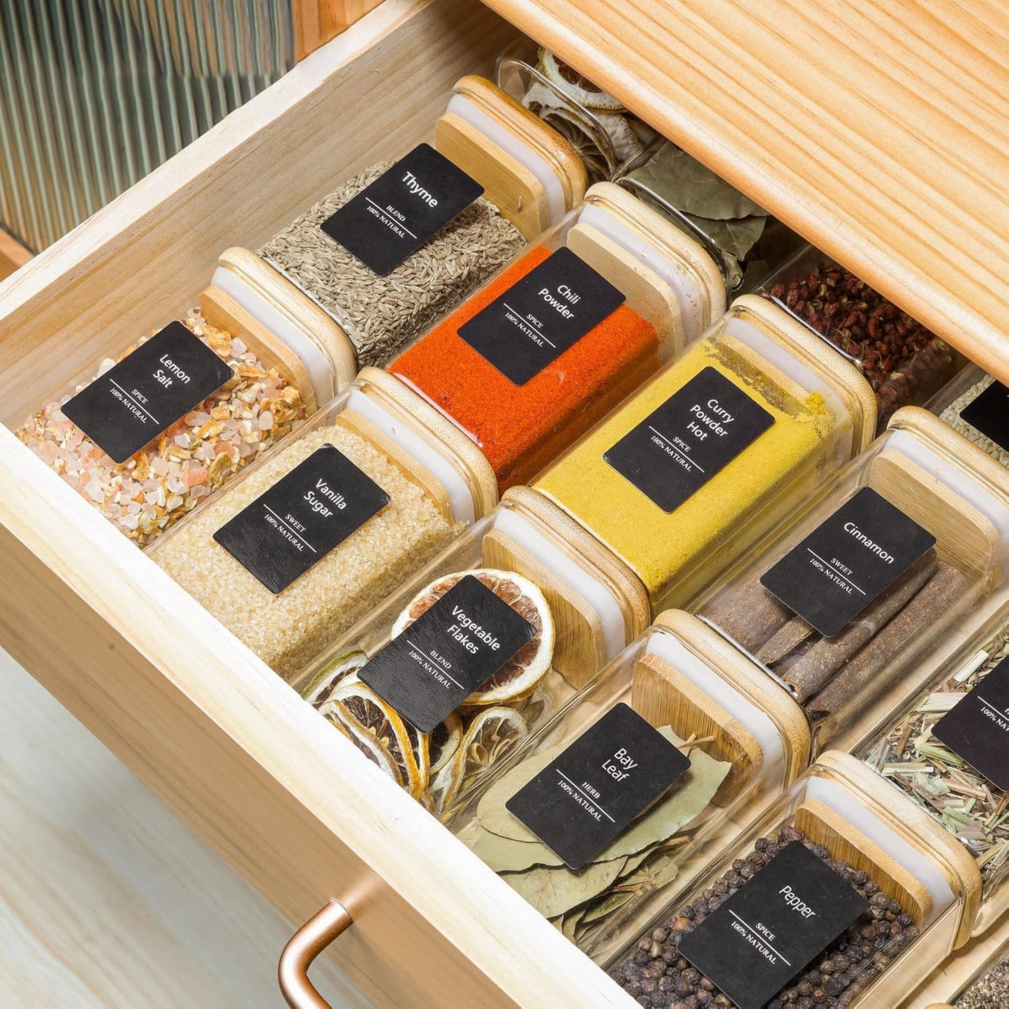 ComSaf Spice Jars with Labels 8 oz 16Pack, Small Spice Containers Starter Set, Glass Seasoning Jars with Lids, Square Seasoning Containers for Salt, Pepper, Chili Powder, Sugar, Loose Tea Storage