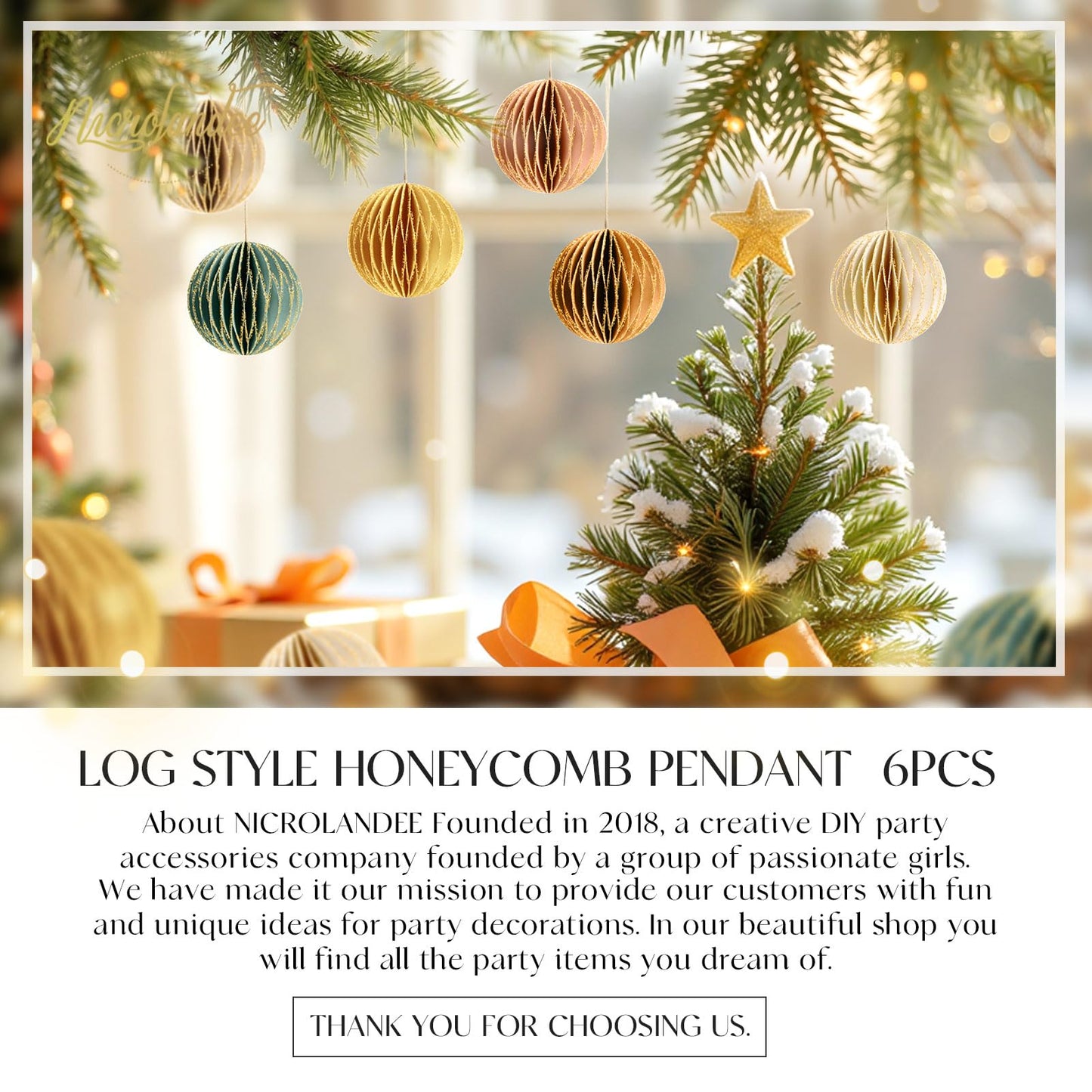 NICROLANDEE Christmas Hanging Decorations, 6 PCS Nature Round Glitter Edge Paper Honeycomb Ornaments, Green Brown Mini Paper Lanterns Ornament for Christmas Tree Décor, New Years Party Home Decor