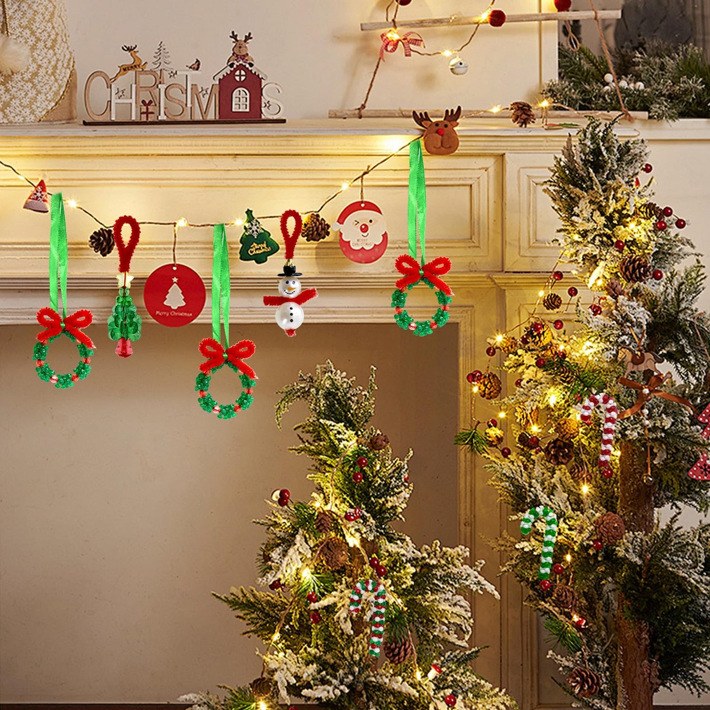 Hifunwu 45 Sets Christmas Beads Ornament Kit, Christmas Crafts with Pipe Cleaners to Make Snowman Christmas Tree Wreath Candy Cane Lollipop