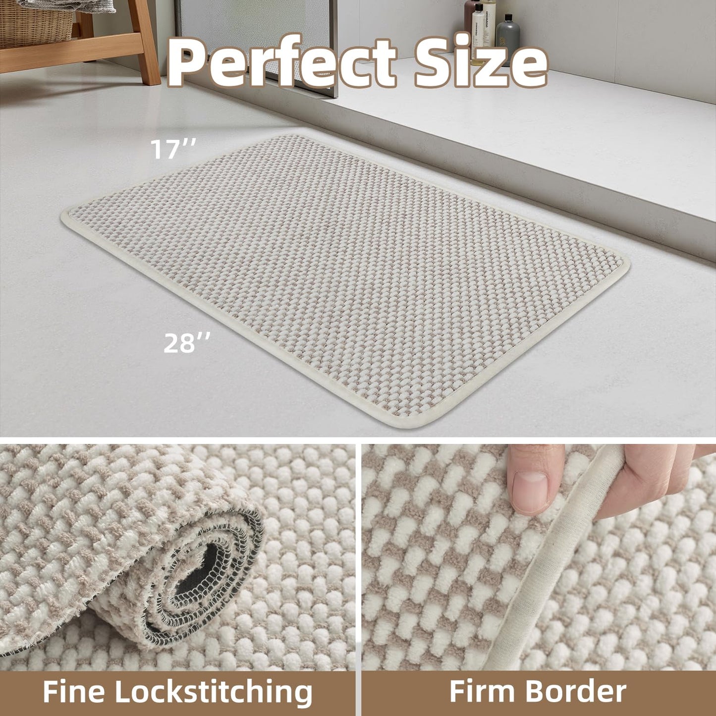PADOOR-Bath Mat-Super Absorbent Chenille Bathroom Mats-Rubber Backed Bath Mats for Bathroom Non Slip, Easy Clean Bathroom Rugs Front of Bathtub,Shower Room,Sink-17×28, Beige&Cream