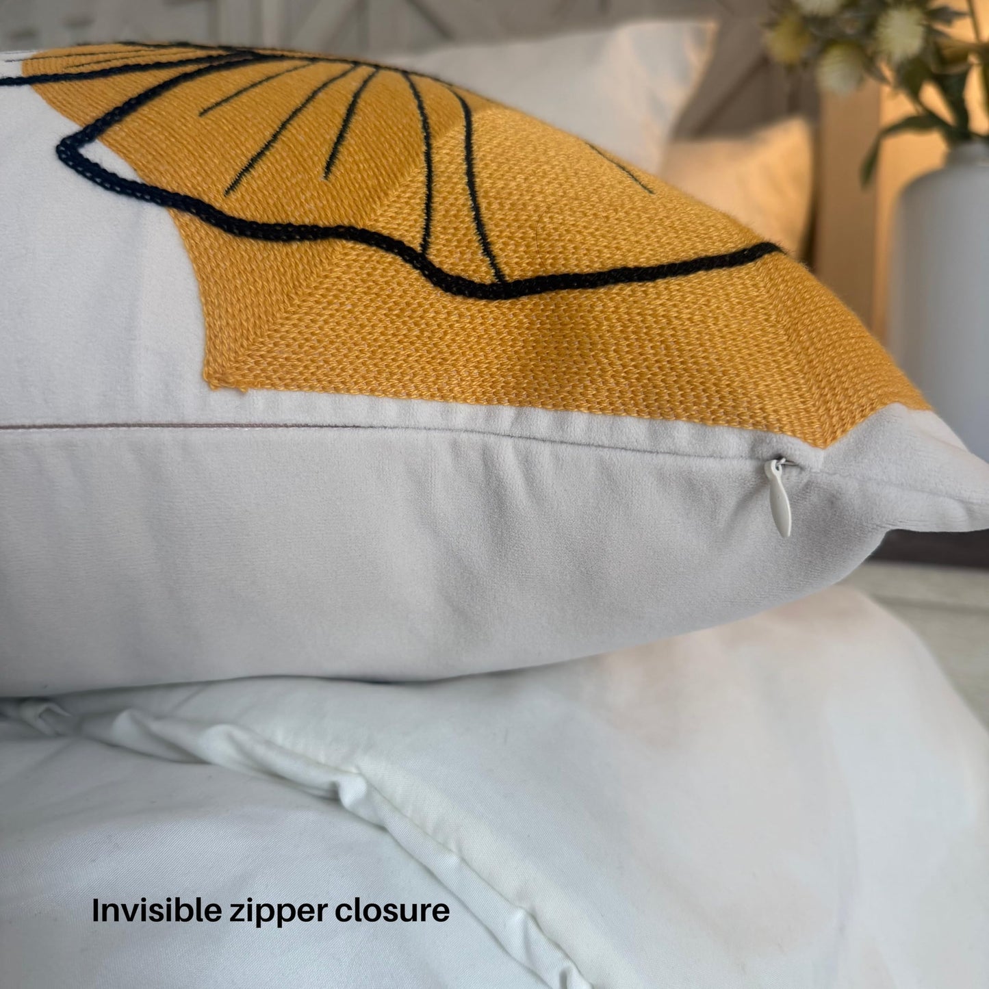AYAY Decorative Velvet Throw Pillow Cover 18x18 Inch – Beige with Yellow, Rust & Olive Embroidered Floral Design, Earthy Boho Accent Cushion, Hidden Zipper, Cover Only