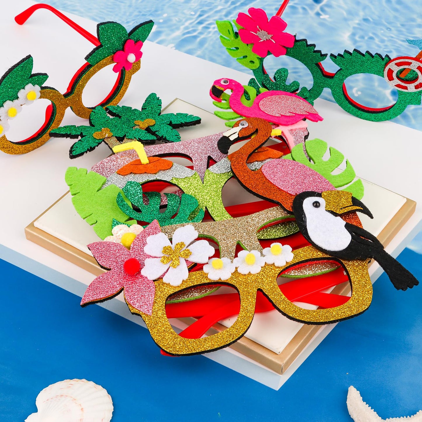 GAFATORY Pool Party Decorations Eyeglasses Sequins Luau Funny Glasses Bulk 8 Pack Hawaiian Props Photo Booth for Summer Holiday Beach Pool Party Favors Birthday Supplies Decor