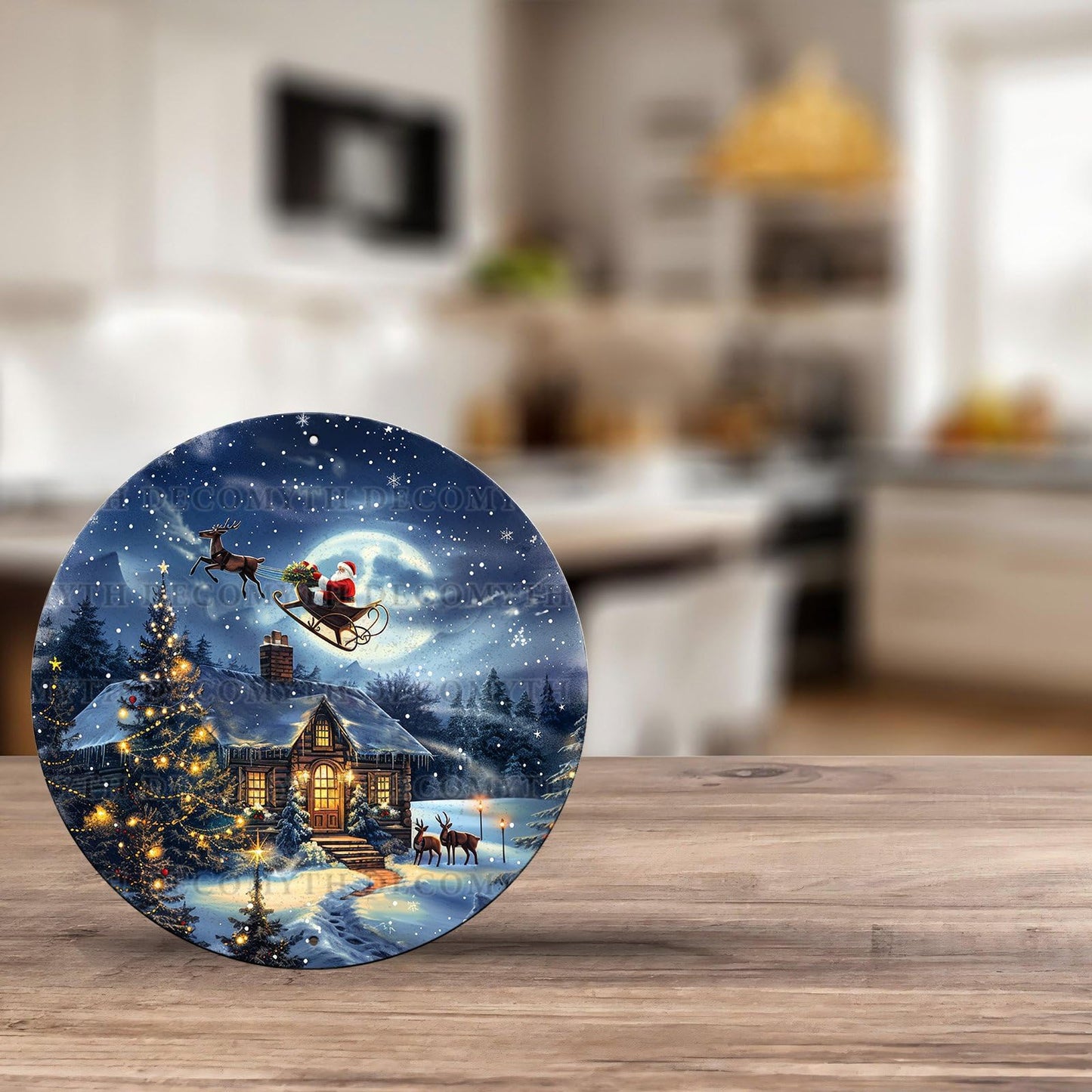 DecoMyth Round Metal Sign Santa Festive Farmhouse Wall Art Holiday Decor for Home Kitchen Bar Cafe Bedroom Office 8 * 8inch