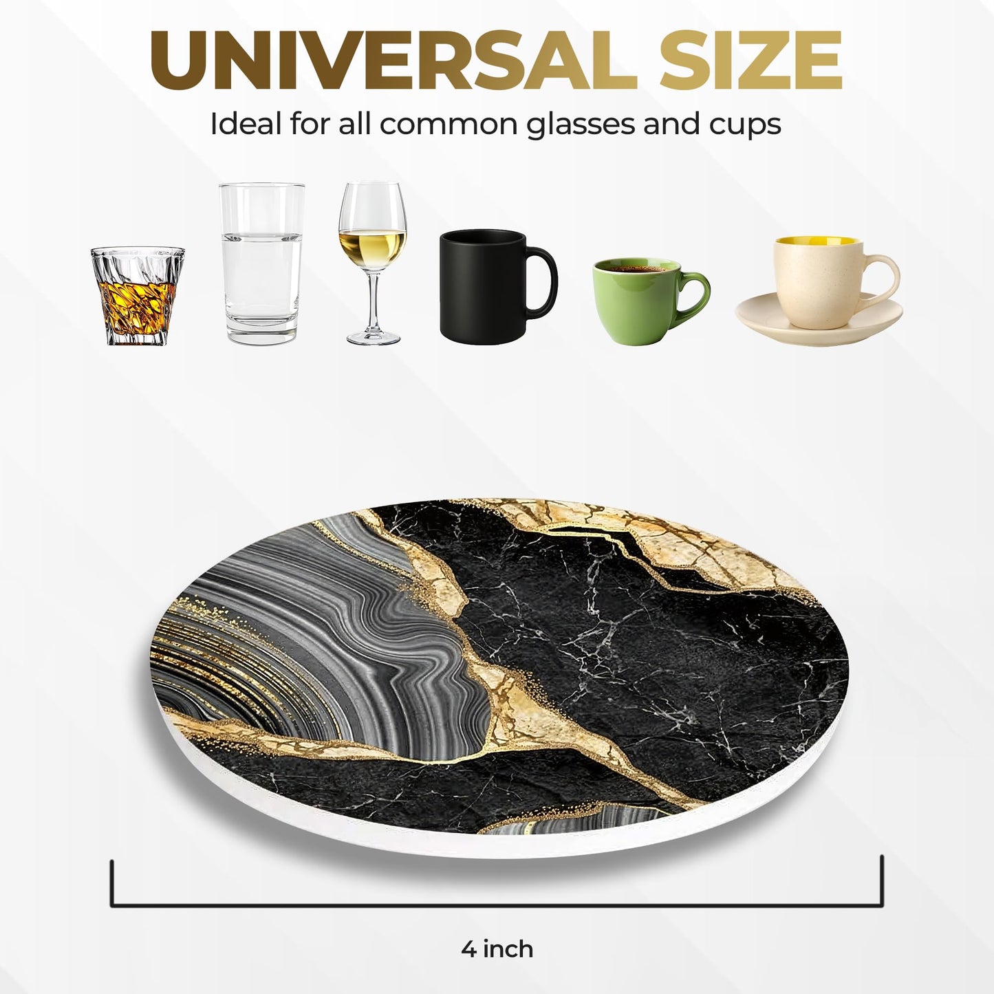 Elegant Black & Gold Marble Ceramic Coasters - Set of 4 with Black Metal Holder - Round Drink Coasters for Coffee, Tea, Whiskey, Wine - Stylish Home & Kitchen Decor
