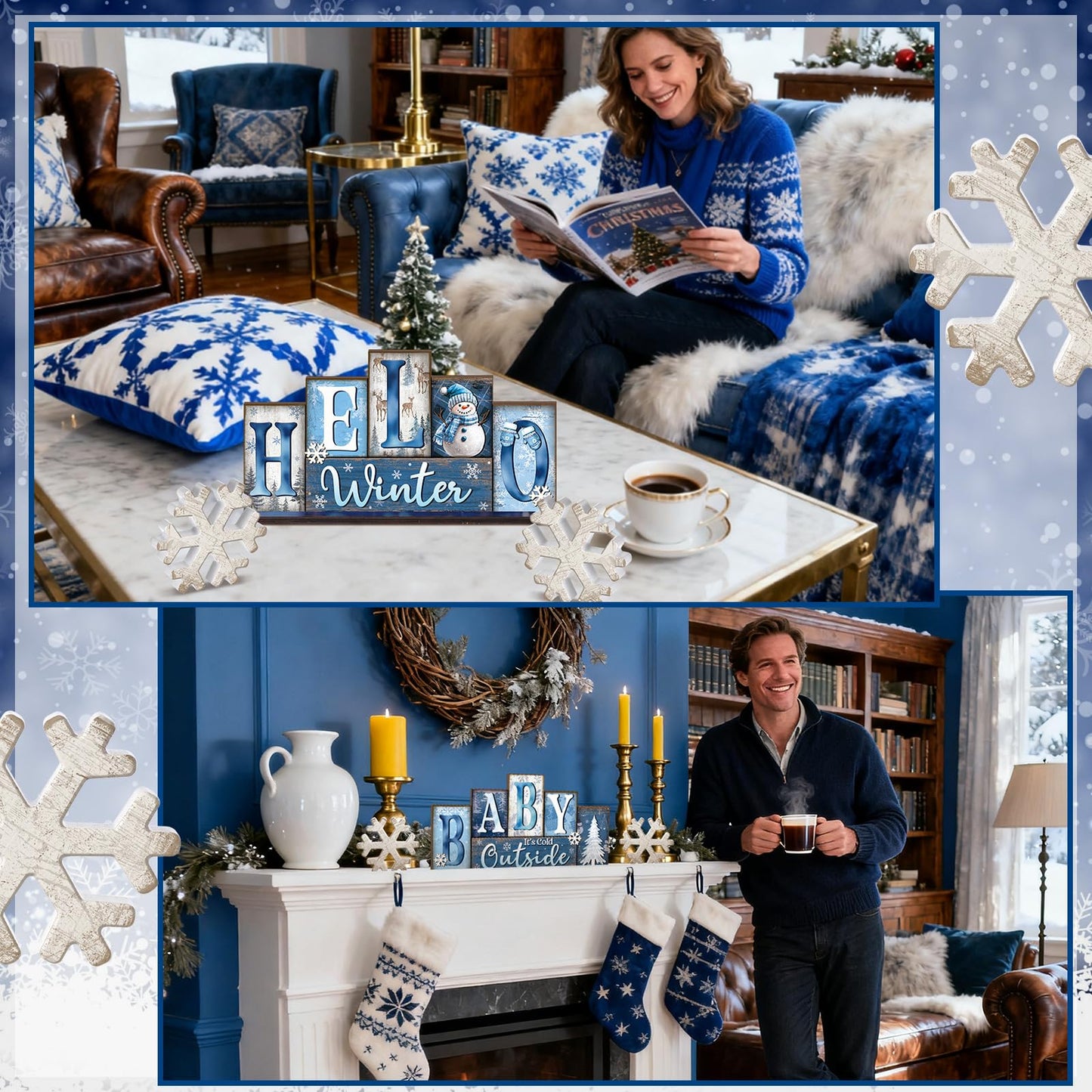 Thyle 3 Pcs Winter Wooden Table Decor Reversible Hello Winter Baby It's Cold Outside Centerpiece Blue and White Tray Decor Double Side Snowflake Blocks Sign for Farmhouse Tabletop Home Office Shelf