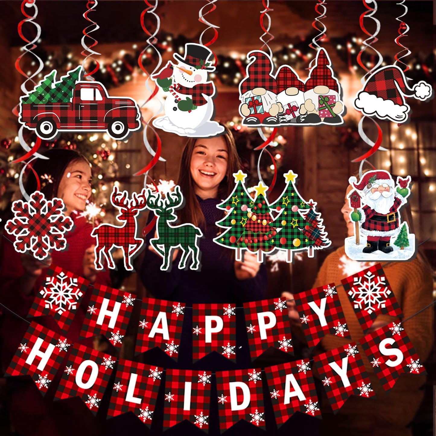 Happy Holidays Banner Buffalo Plaid Christmas Decorations Happy Holidays Decorations for Christmas Buffalo Plaid Decor