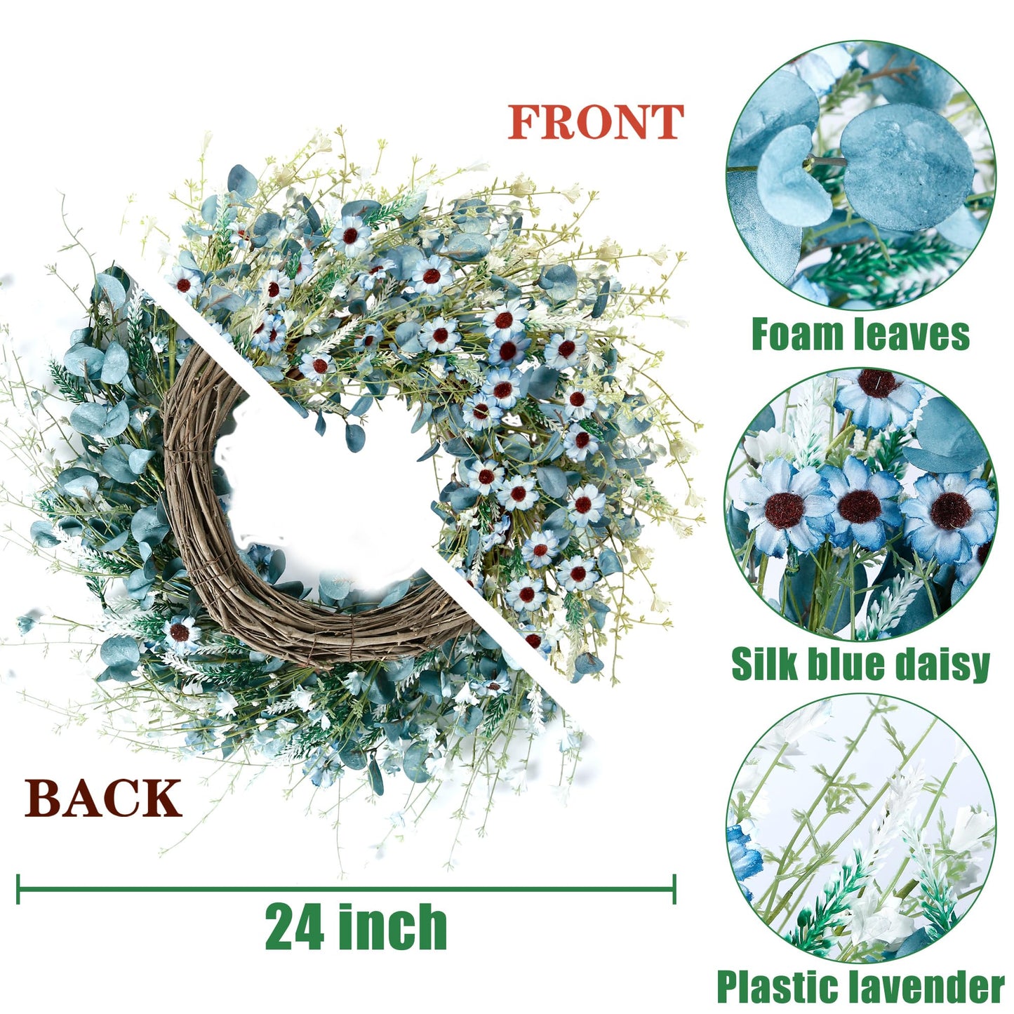 Sggvecsy Blue Daisy Wreath 24 Inch Spring Summer Fake Silk Floral Wreath with Green Eucalyptus Leaves and Lavender for Front Door Window Wall Wedding Farmhouse Festival Decor