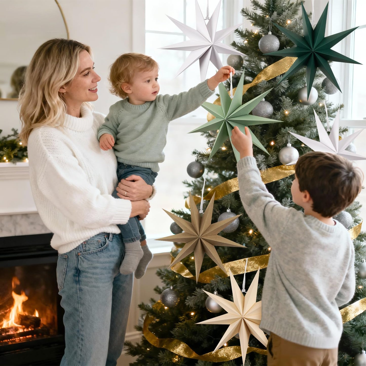 SUNBEAUTY Sage Green 9-Pointed 12 Inch Paper Star Lanterns Christmas Hanging Lamp Paper Decorations Shade Wedding Birthday Christmas Home Party Decorations