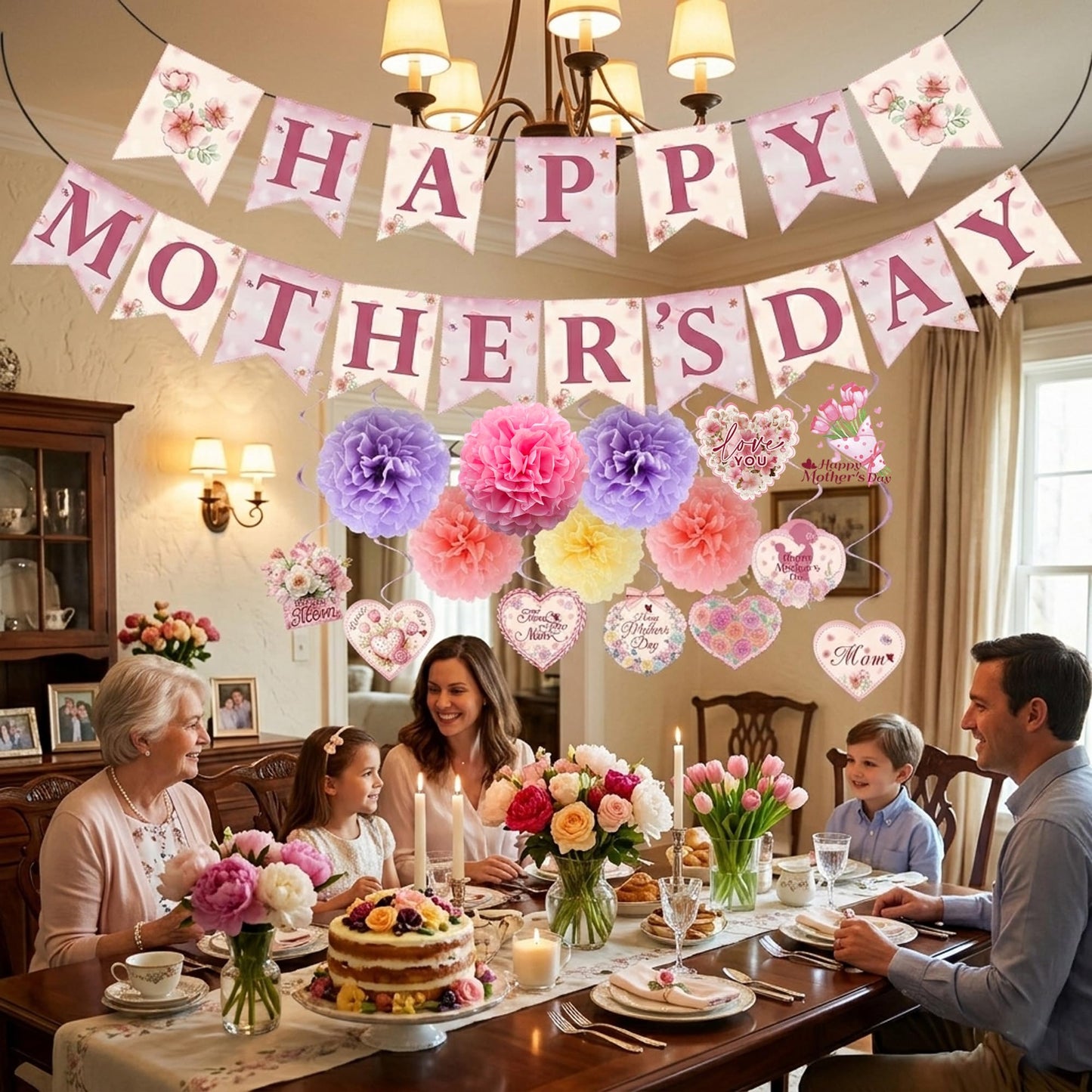 Mother's Day Decorations Set - Happy Mother's Day Banner, 6PCS Paper Pom Poms, 13Pcs Hanging Swirls with Best Mom Cardstock Cutouts - Floral Pink Party Supplies for Home, Mantle, Wall Decor