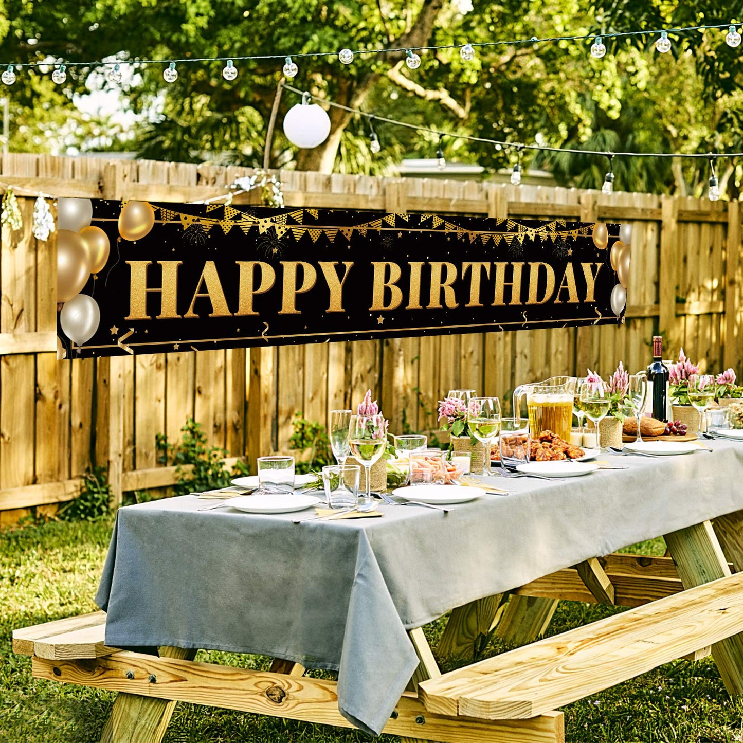 Black Gold Birthday Banner for Happy 1st to 100th - Boys, Girls, Men & Women - Reusable Decorations - Indoor Outdoor Party Supplies - 9.8x1.6 FT