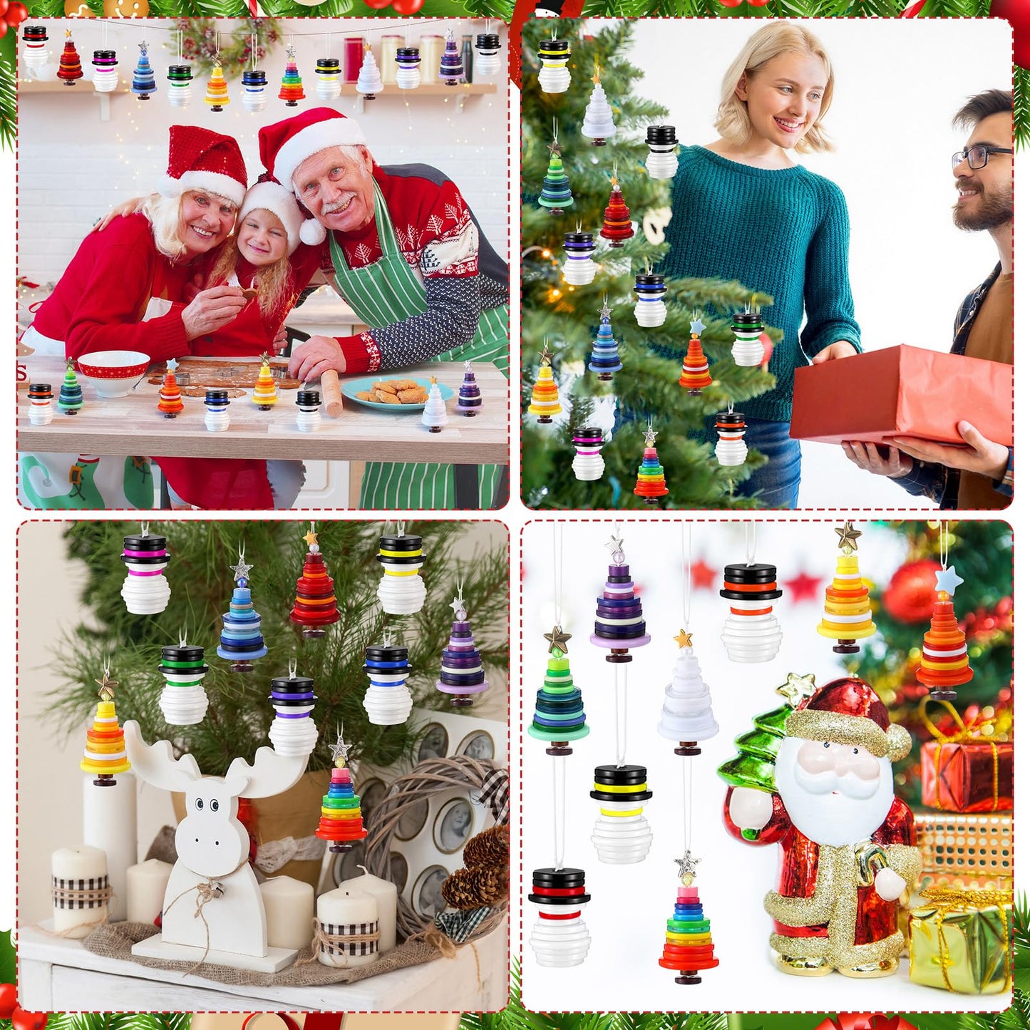 Soulchen 16 Sets Button Winter Ornament Kit Button Christmas Tree and Snowman Craft DIY Hanging Ornament Kit for Home Winter Holiday Party Decor