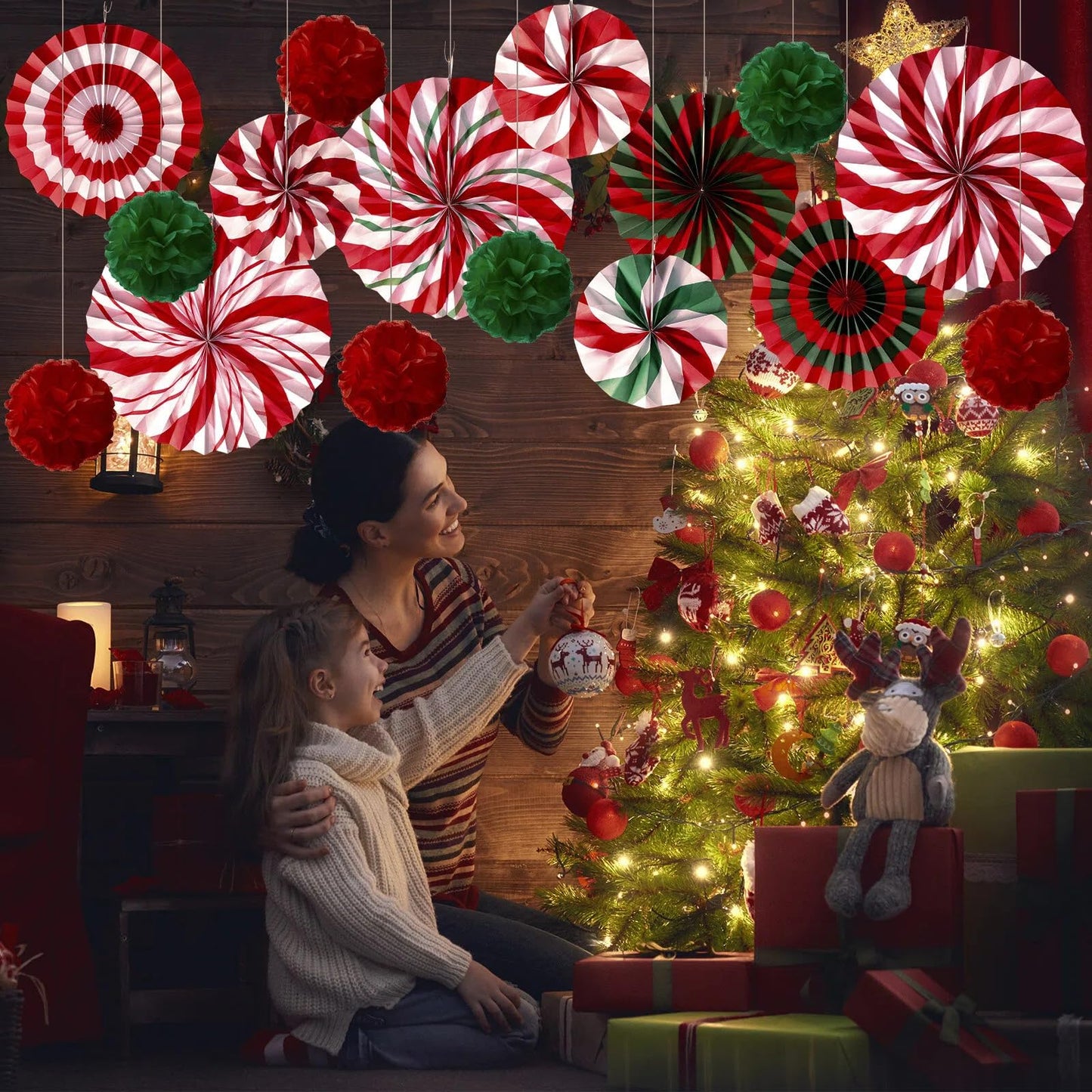 Outus 21 Pcs Christmas Candy Hanging Paper Fans Peppermint Christmas Banners Xmas Classroom Ceiling Decorations Tissue Poms Honeycomb Ball Ornaments for Birthday Wall Decor Supplies(Classic)