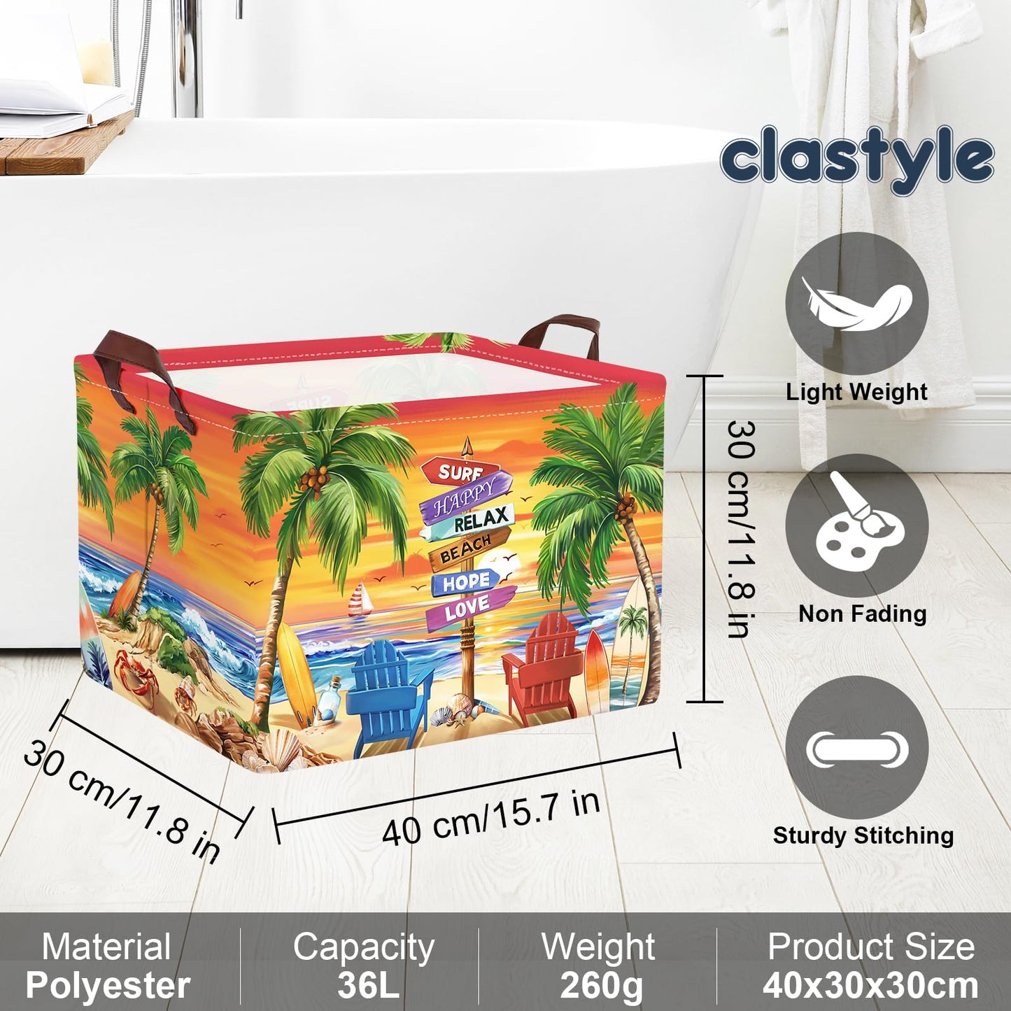Clastyle Summer Beach Towel Storage Basket Palm Tree Lounger Kid Gift Toy Box Baby Laundry Hamper Collapsible Large Clothes Organizer Nursery Bin for Outdoor, Seashores, 40 * 30 * 30 cm