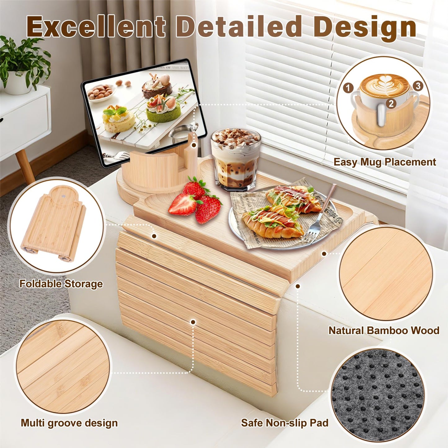 Couch Cup Holder Tray, 3-in-1 Bamboo Couch Armrest Table with 360° Rotating Magnetic and Detachable Phone Holder Stand, Foldable Anti-Slip Sofa Arm Tray for Remote, Phone, Snacks and Drinks