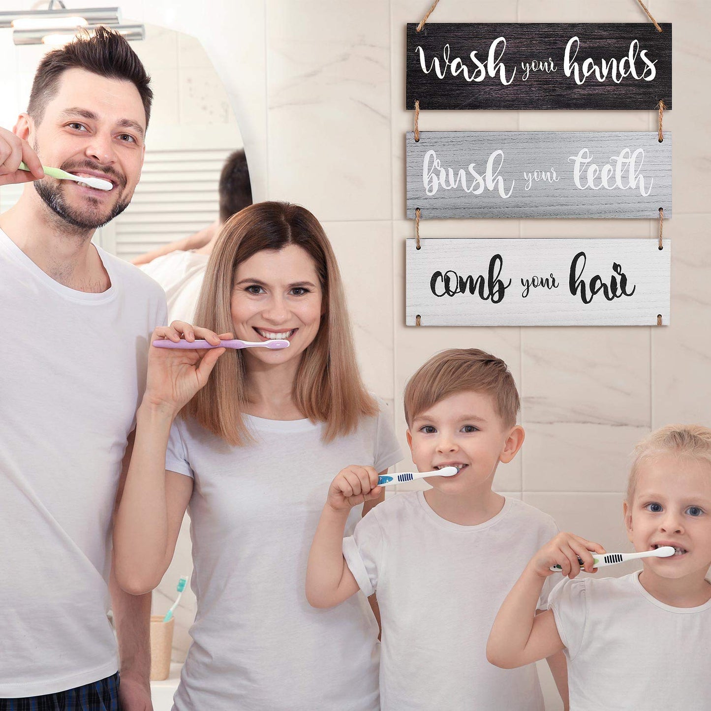 Jetec Farmhouse Bathroom Wall Decor Bath Rules Wall Art Sign Family Hanging Funny Wooden Hanging Sign Rustic Wood Decor for Home Bedroom Outdoor(Simple Pattern,Black, White, Gray)