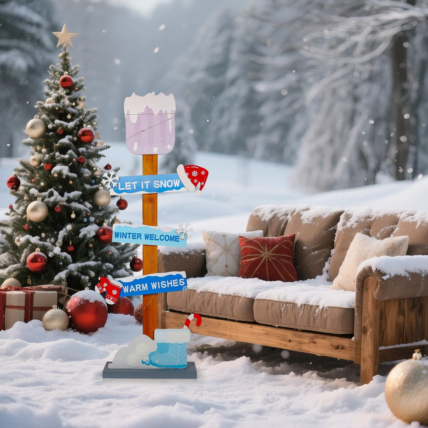 Lighted Wooden Winter Porch Sign | Let It Snow Winter Welcome Porch Decor |Xmas Hat Gloves Candy Cane Wood Signs for Winter Wonderland Bule Decorations