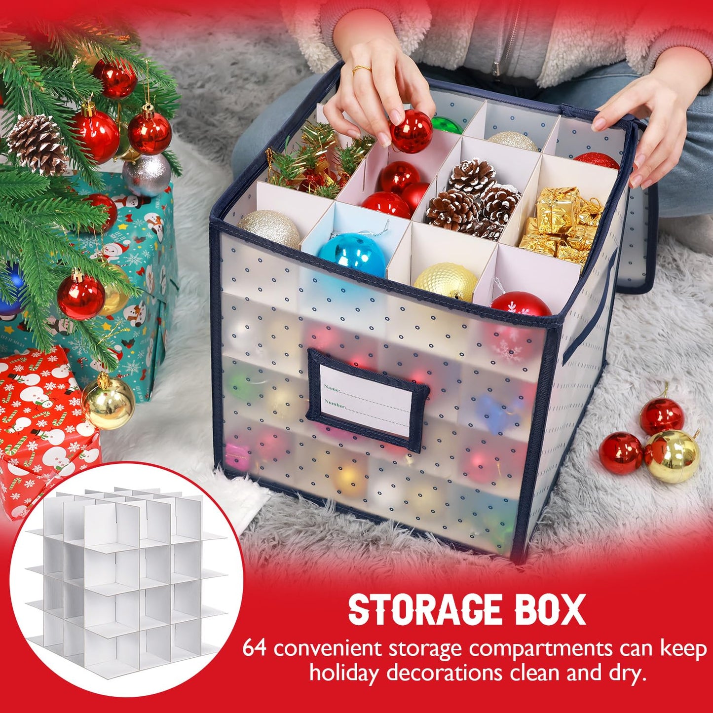 BINSUNS Christmas Ornament Storage Box, Christmas Storage Containers Organizer Bag with Dividers - Fits up to 64 Holiday Xmas Ornaments Decorations 3" Seasons Balls(Blue)