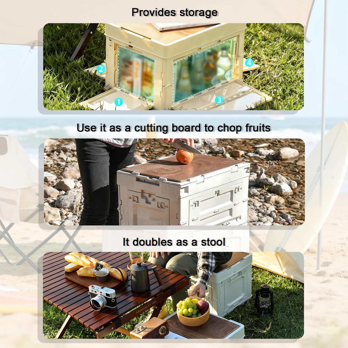 CTESNE 【5-Side Opening】60L Storage Bins with Lids,Portable Foldable Storage Box ,Plastic Stackable Storage Bin for Camp Fishing Car RV,Office (White)