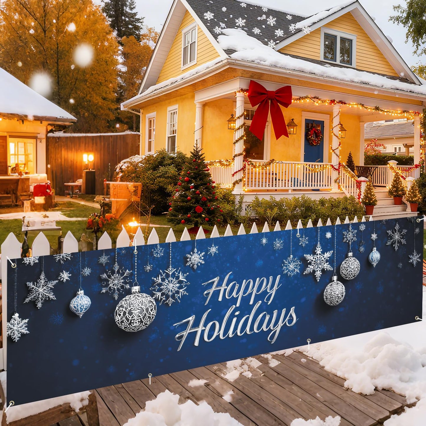 Happy Holiday swith Snowflakes and Ornaments Banner 10x3 Ft - Outdoor Christmas Decor with Interactive Illusion of Santa Emerging, Fun Holiday Display