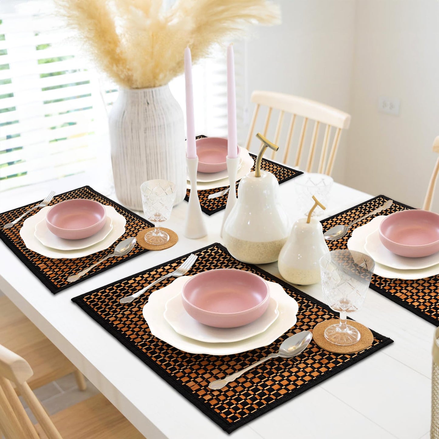 Eorbow 8 Pack Bamboo Placemats, Natural Anti-Slip Dining Table Mats, Heat-Resistant Place Mats, Japanese Style Washable Placemats for Dining Room, Kitchen, Restaurant, 18 x 12 Inch