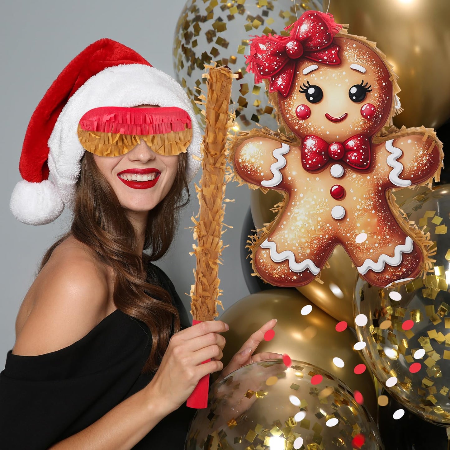HyDren Christmas Gingerbread Girl Piñata Decorations Christmas Mexican Piñata with Stick Confetti and Blindfold Bundle for Xmas Favors Party Decors Holiday Photo Props (15.7"x11.8"x3")