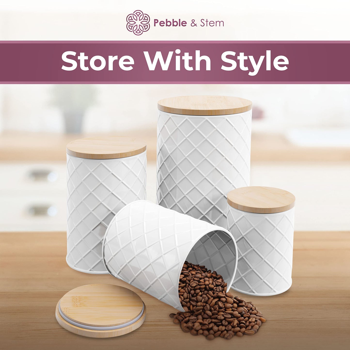 Pebble & Stem® White Metal Canister Set for the Kitchen Counter, Food Canister Set of 4, Airtight Lids, Sugar and Flour Containers for Countertops, Coffee and Tea Storage, Farmhouse Decor