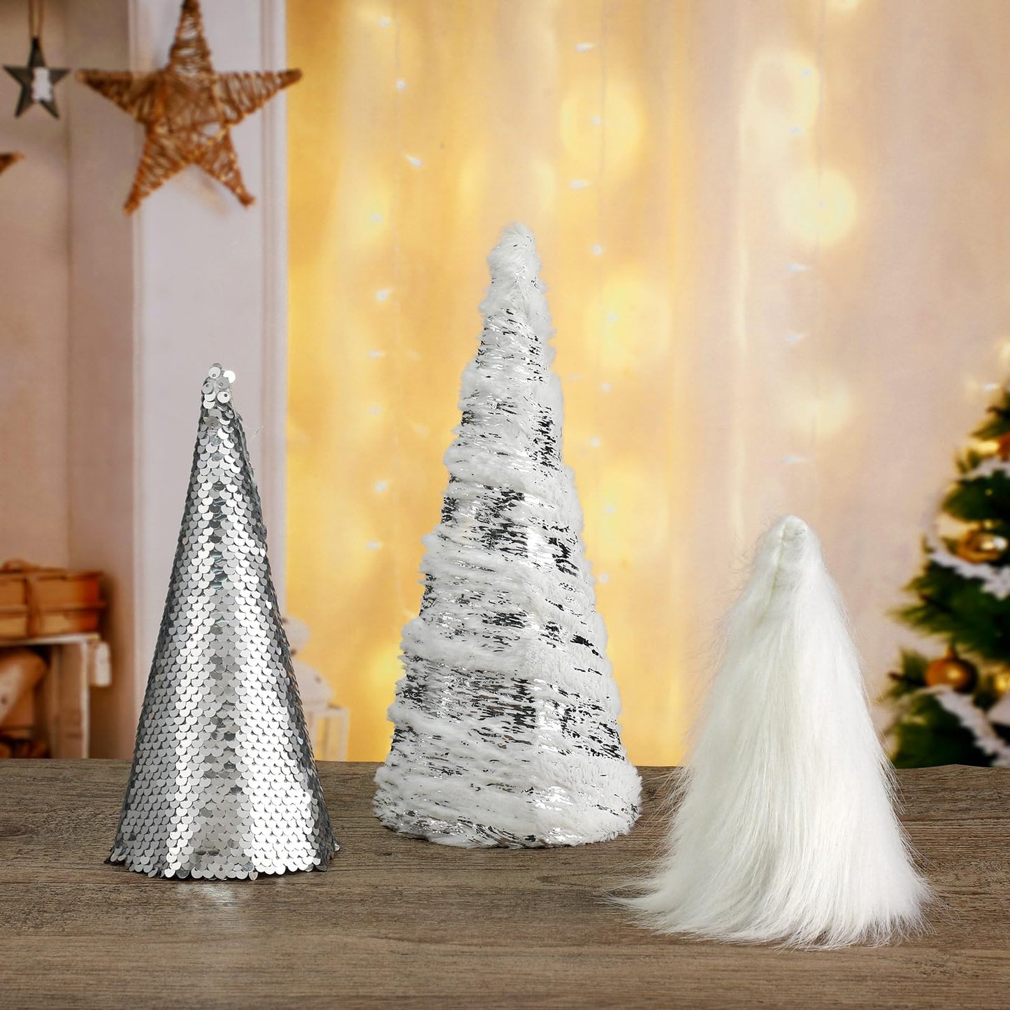 Kigley 6 Pcs White Feather Christmas Cone Tree 10.5" 8" 6" Cone Pedestal Decor Silver Sequins Christmas Tree Table Decorations Xmas Table Centerpiece Farmhouse Xmas Home Winter Holiday Tabletop Decor