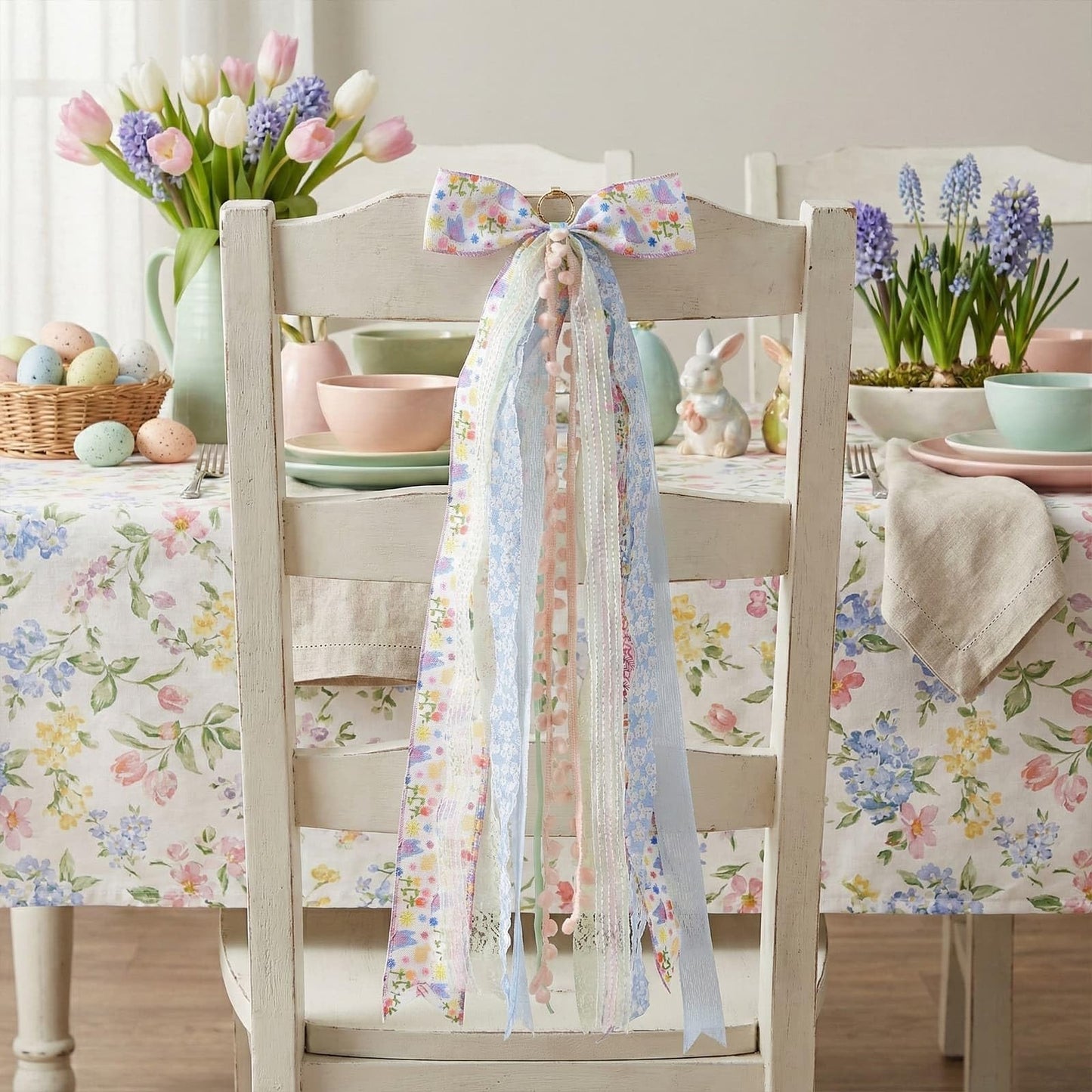 NUVCELKA Easter Door Bow with 8 Ribbons, 27.5" Spring Decoration Swag for Front Door Wreath Wall, Farmhouse Bow Decor with Pom-Poms for Home Holiday
