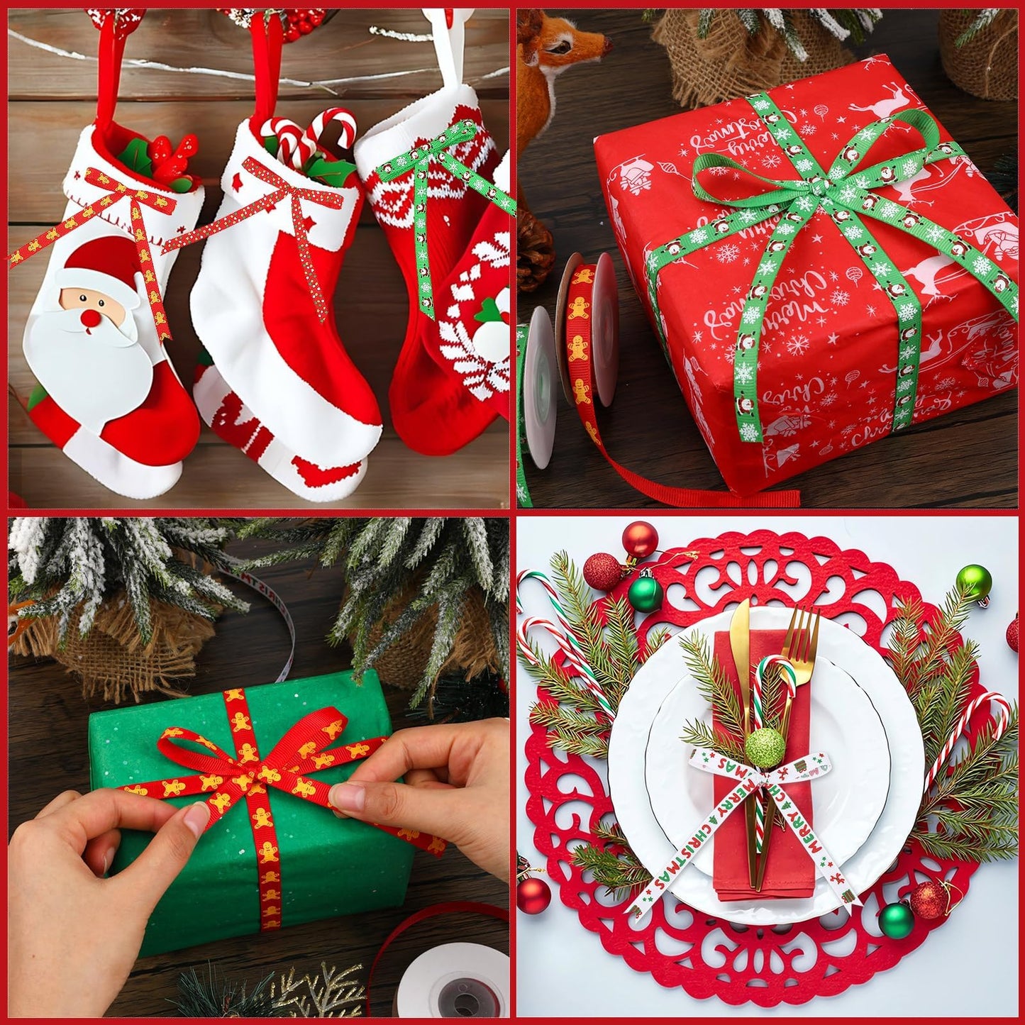 DECYOOL Christmas Ribbon, 6 Rolls 60 Yards Snowflakes Santa Claus Gingerbread Man Dots Ribbon for Christmas Crafts, 10mm Wide Grosgrain Ribbons for Gift Wrapping, Party, Home Decor
