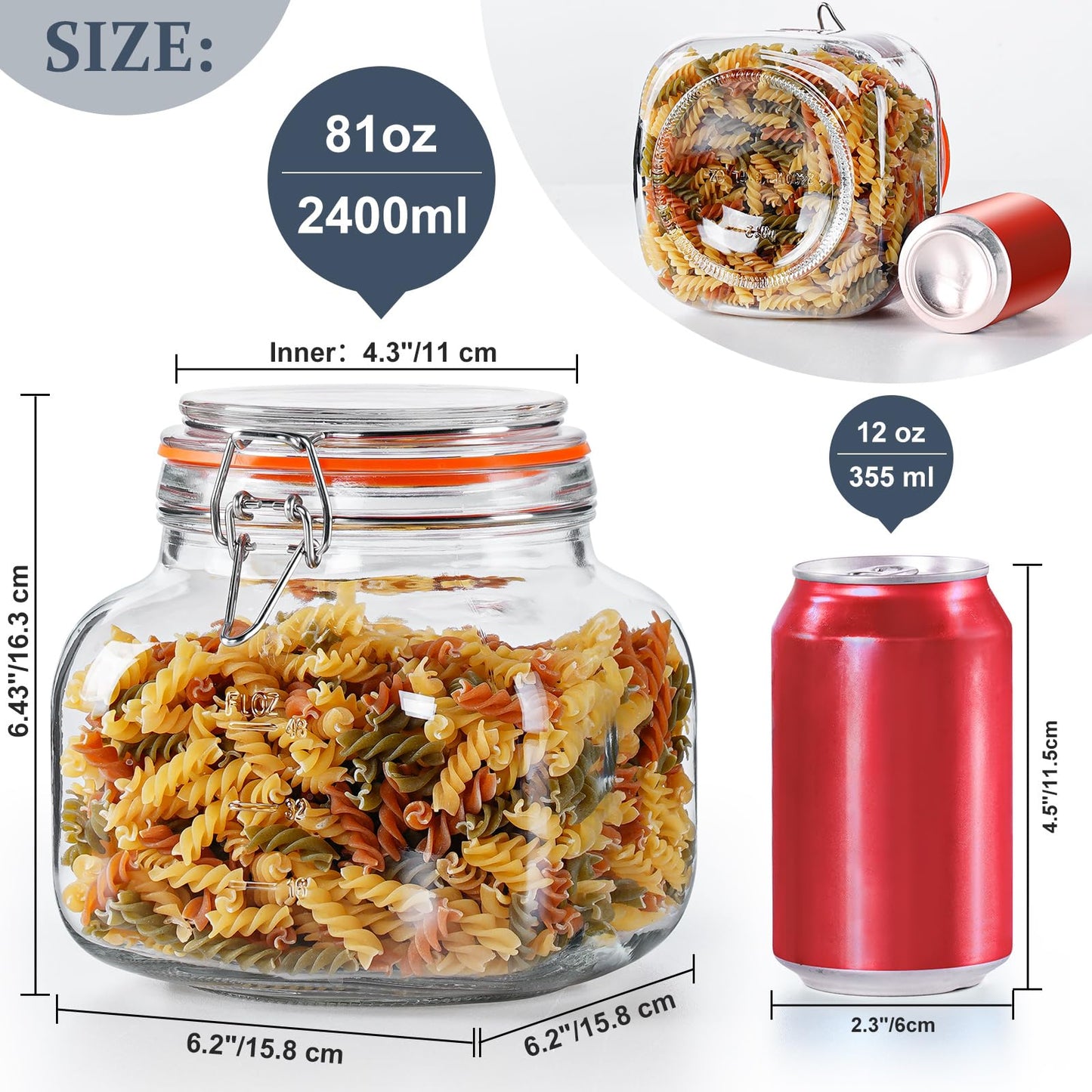 Large Glass Jars with Airtight Lid, 2 Pack Glass Food Storage Jars with 2 Scale Marks, Square Glass Canisters for Flour, Cereal, Coffee, Pasta, Cookies, Pickle, 0.6 Gallon Wide Mouth Mason Jars