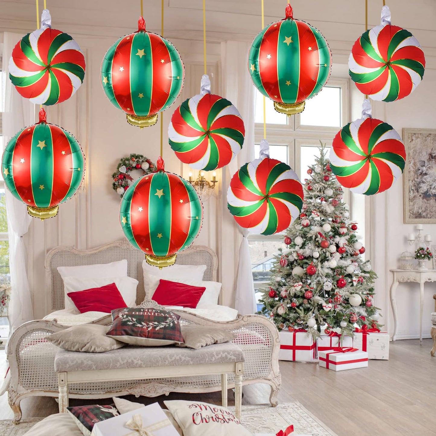 Christmas Foil Balloons, 9PCS Xmas Round Candy Lollipop Foil Balloons and Christmas Hanging Ball Mylar Balloons, Red Green Gold Xmas Sweetland Decorations for New Year Candies Party Decor