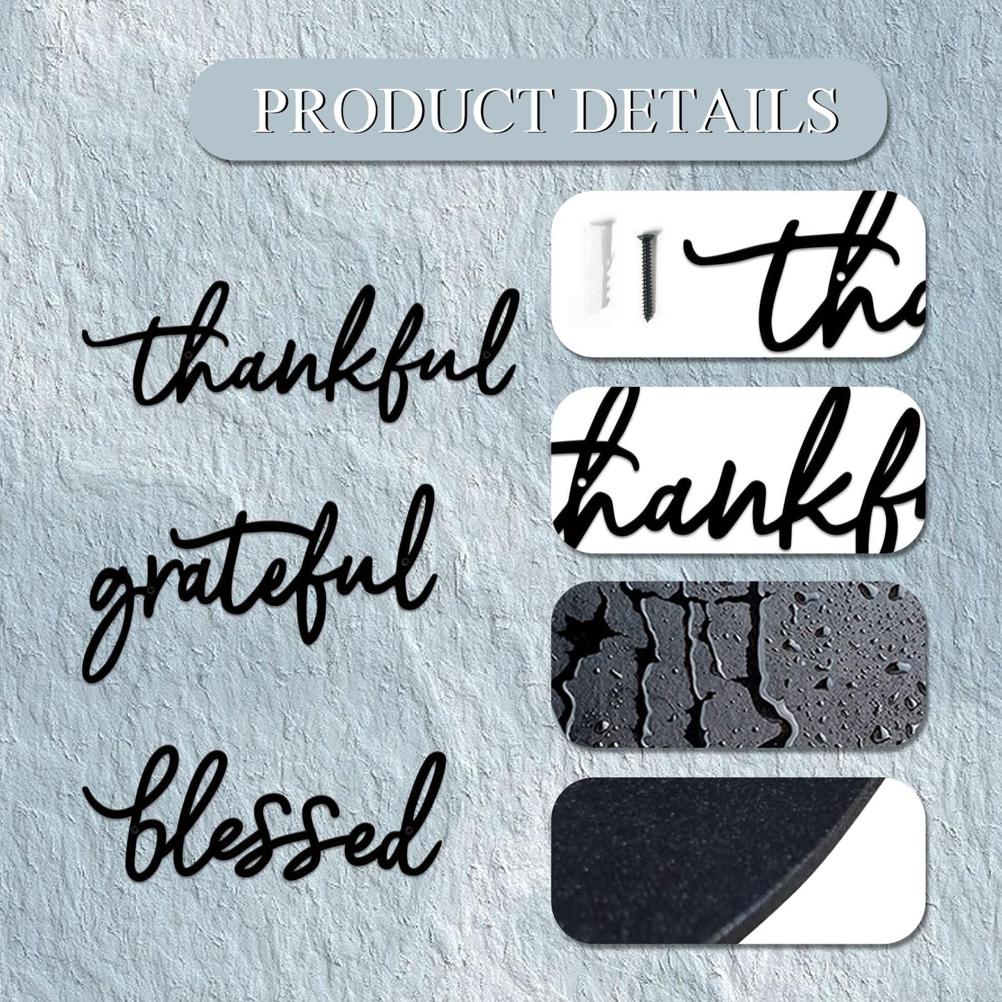ESTART Thankful Grateful Blessed Letter Sign Metal Wall Decor, 3 Piece Black Letters Wall Art for Bathroom Bedroom Metal Words Wall Decor for Home Decor