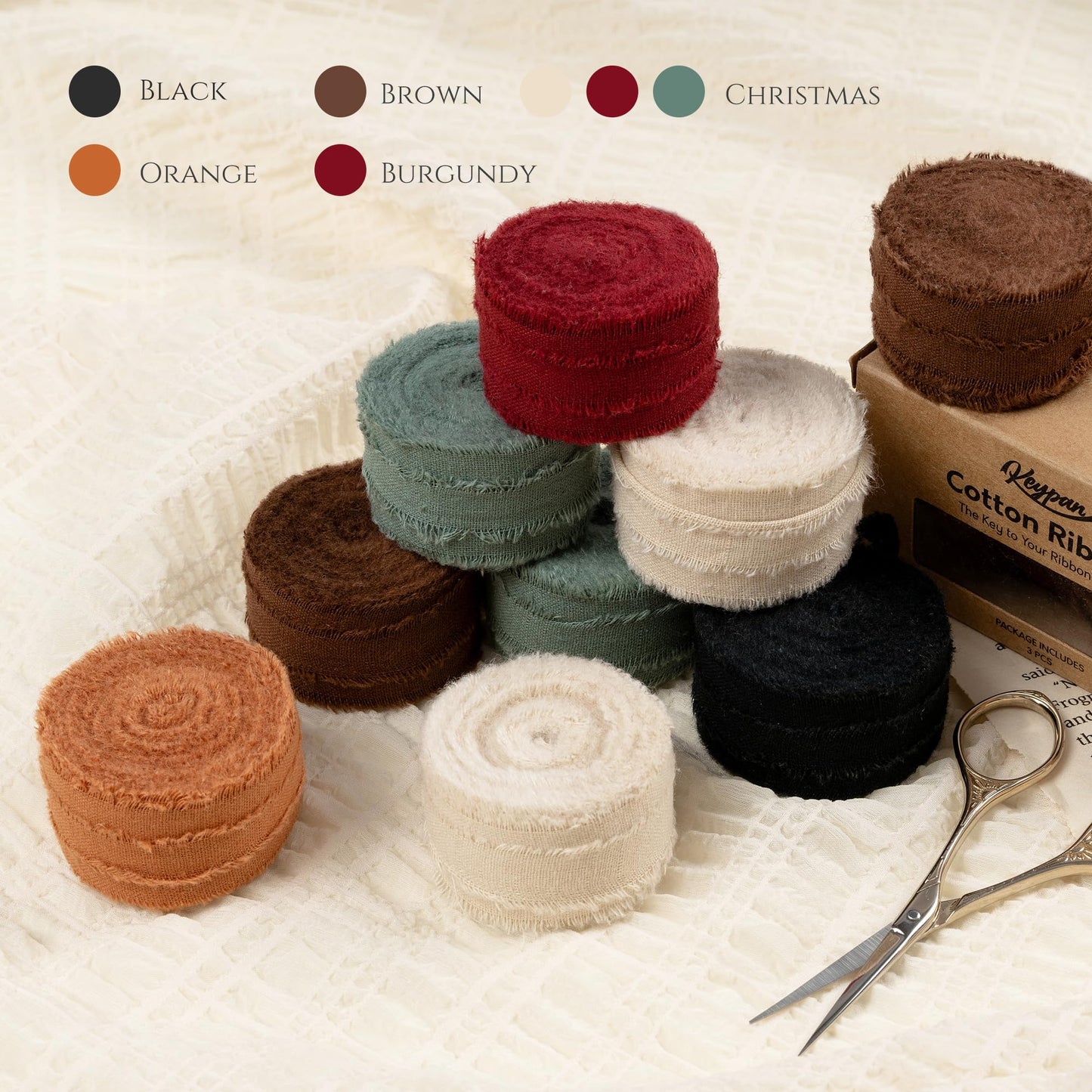Keypan Christmas Ribbon Set 1" x 15 Yards with Frayed Fringe Fabric Cotton Ribbons for Gift Wrapping Wedding Invitations Flower Bouquet Baby Shower