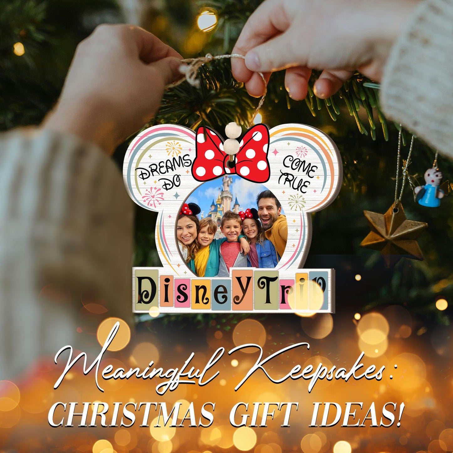 Family Vacation Trip Wooden Photo Ornament – Ears with Bow Design, “Dreams Do Come True” Family Vacation Magic Kingdom Keepsake, Rustic Holiday Decoration with Photo Frame