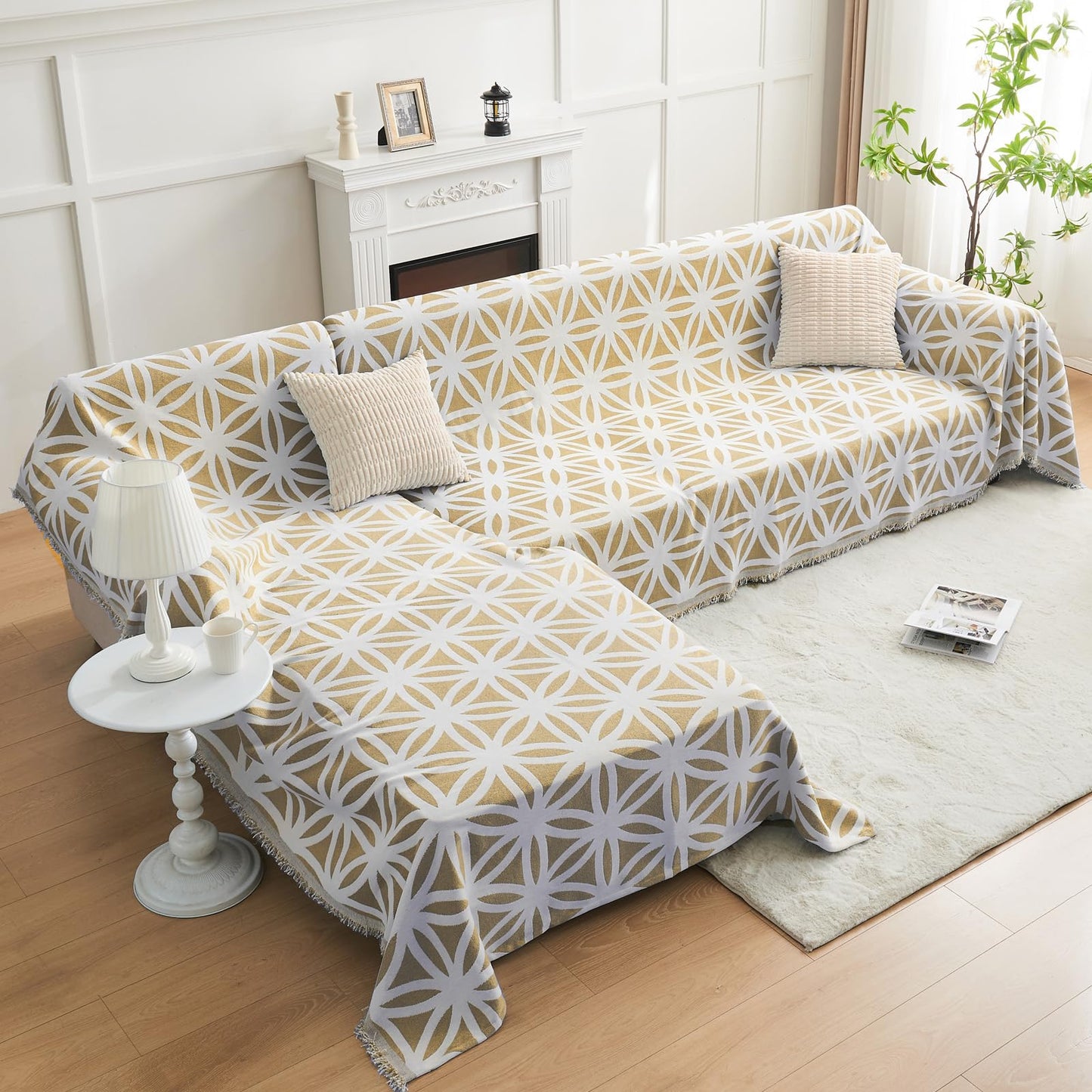 LOMAO Couch Cover Sofa Covers for 3 Cushion Sectional Couch Covers L Shape Couch Cover with Tassel Sofa Protector Washable Reversible Chenille Sofa Slipcover for Pet (1-Khaki,Large(71 * 118))