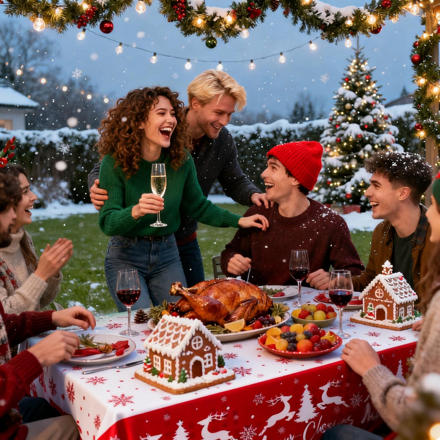 ORNALES Winter Christmas Tablecloths - 2-Pack, Winter Themed with Reindeer and Snowflakes, Disposable Plastic Tablecloths 54" x 108", Ideal for Indoor and Outdoor Christmas Party Decorations