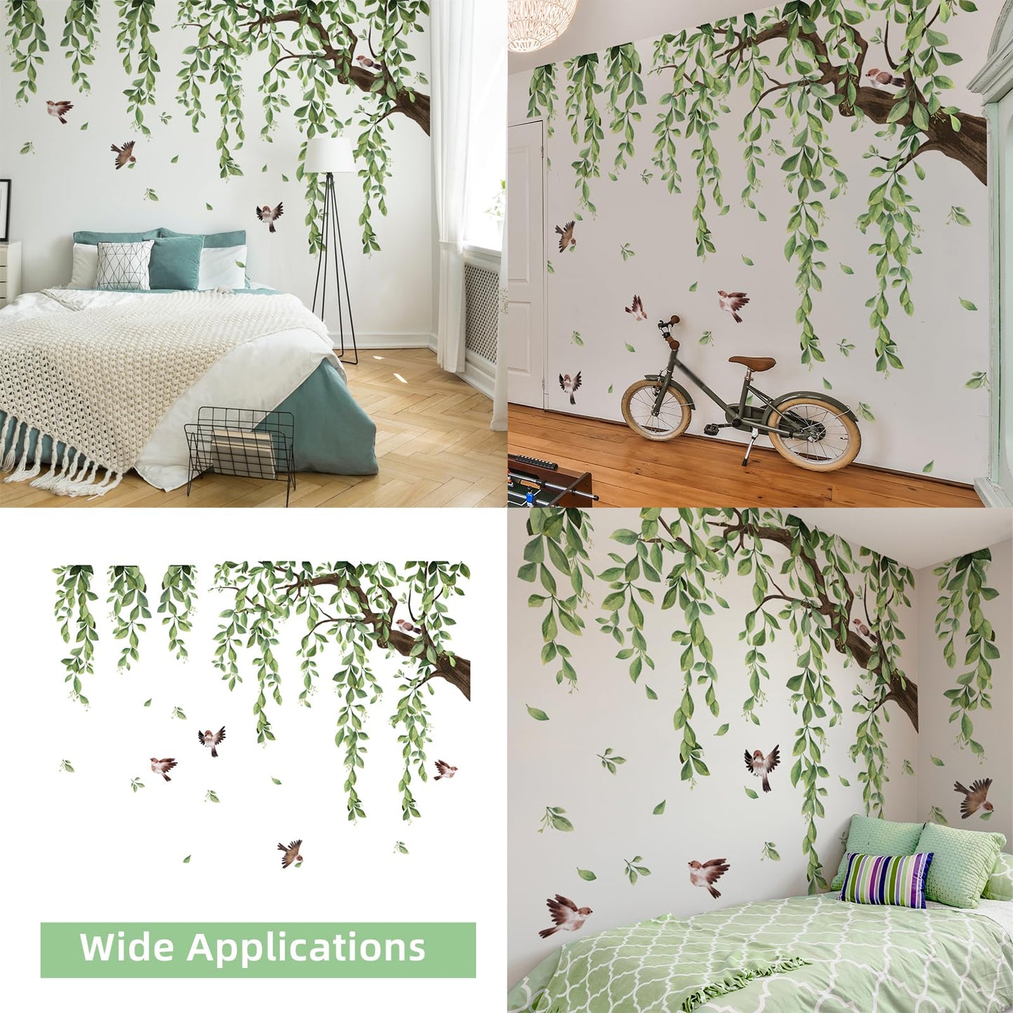 Lilac Wall Decoration Large Green Tree Wall Stickers, 3 Sheets Hanging Vine Tree Wall Decals Peel and Stick Leaves Branch Wall Murals Decor for Living Room Bedroom (Green, 11.8 * 35.4inch)